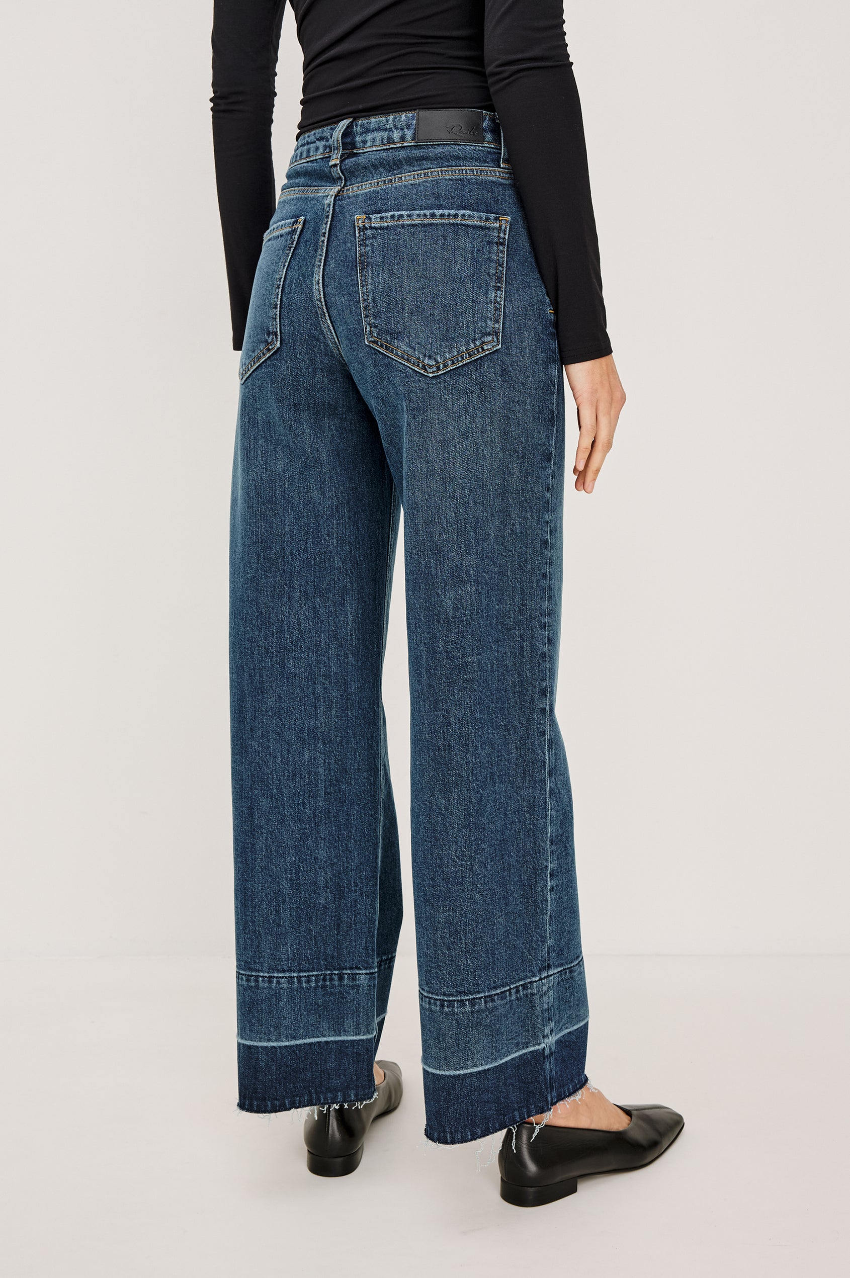 Getty Crop Wide Leg Jean in Rigid Denim With High-Rise, Wide Legs, and Cropped Inseam in Creekside Colorway - Lower Body Back View Featured on Model