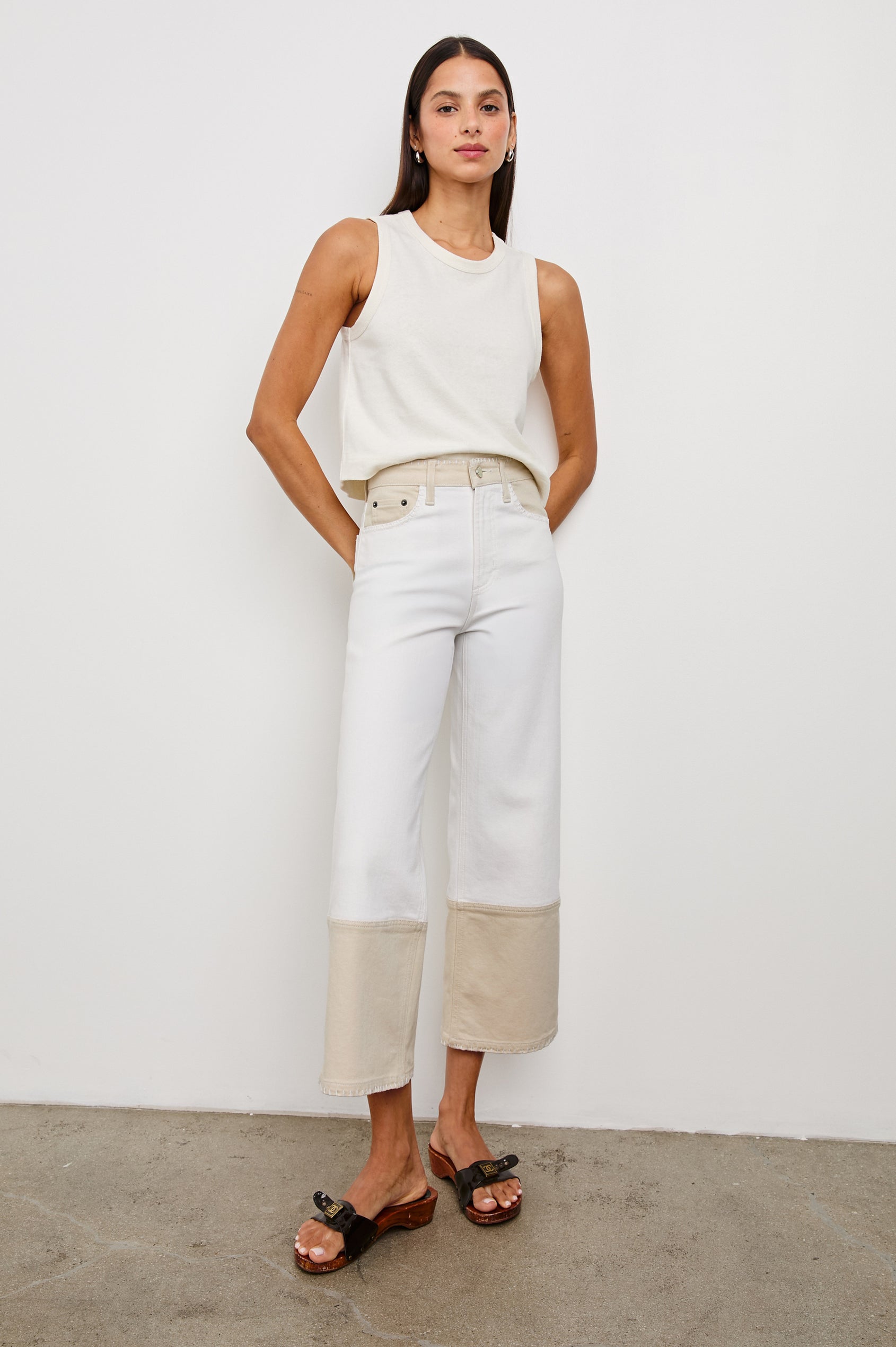 Getty cropped wide leg jean with blanket stiching and dual tones in Crema Embroidered - full body front view on model