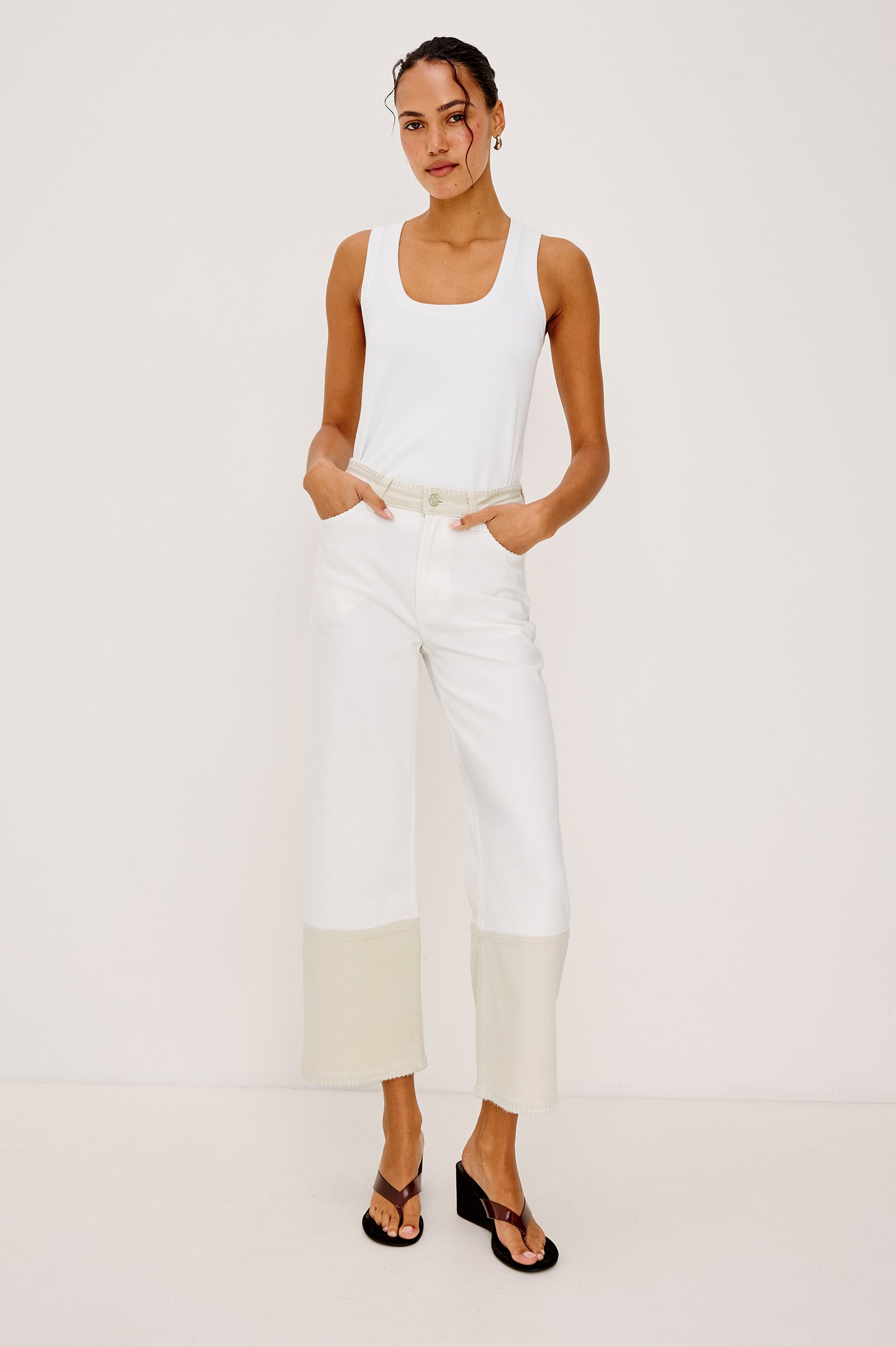 Getty cropped wide leg jean with blanket stiching and dual tones in Crema Embroidered - full body front view on model