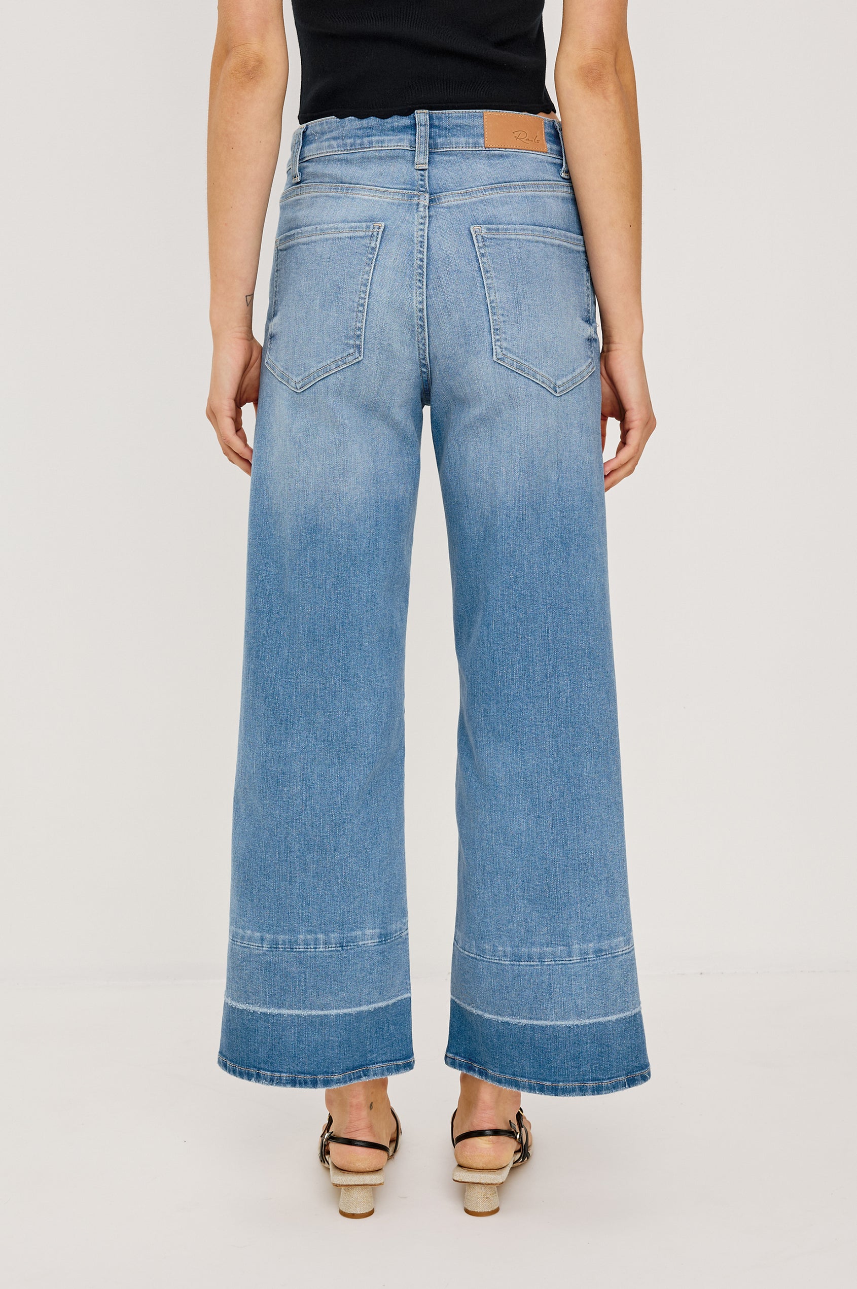 Getty crop isa a 5-pkt wide leg jean in Independence colorway, a medium wash with a released hem - back view featured on model.