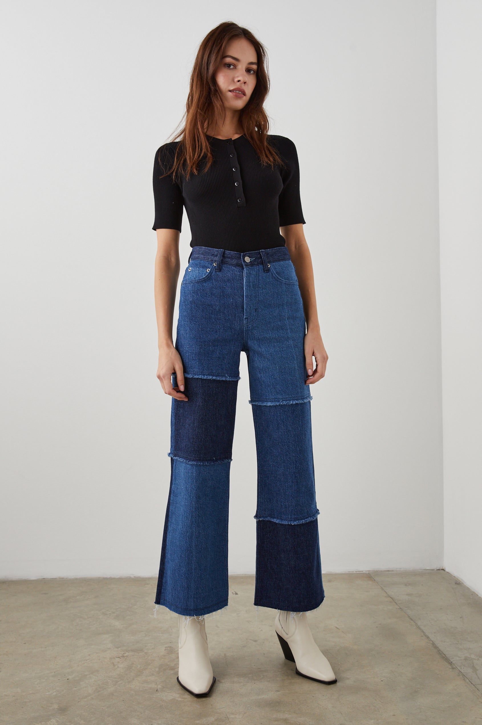 Getty Crop Wide Leg Denim Pants with Belt Loops, Two Front Pockets and Two Back Patch Pockets in Indigo Patchwork Colorway, with large patches in blues - Front Full Body View Featured on Model