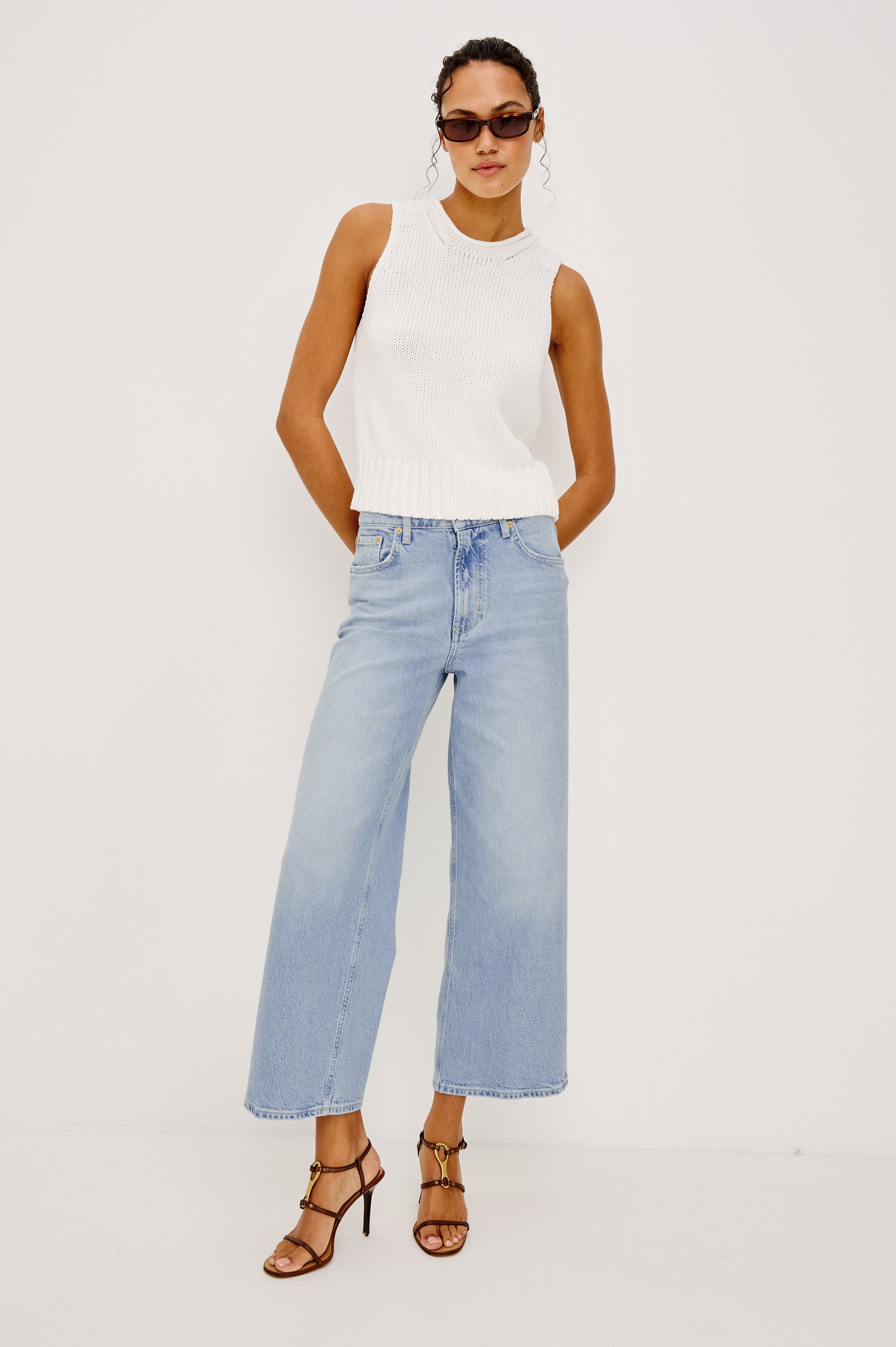 Getty Crop Jean in Light Stretch Denim With Wide Straight Legs, 27″ Inseam, 5-Pockets, and Zip Fly in Jasper Colorway - Full Body Front View Featured on Model