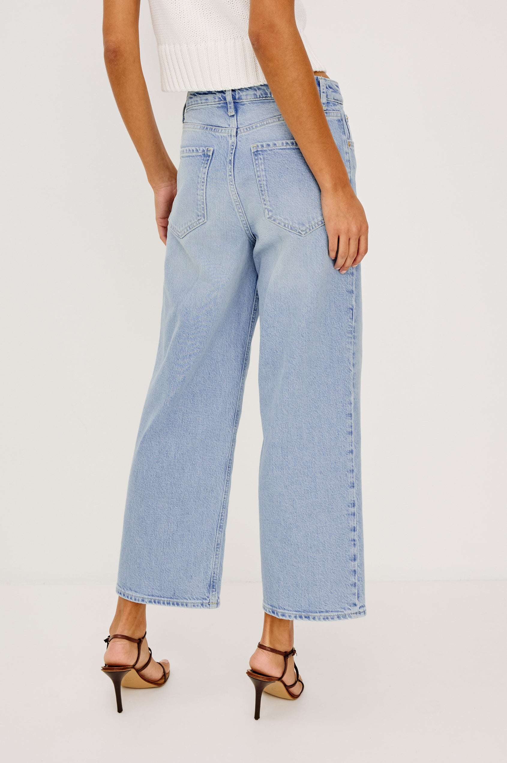 Getty Crop Jean in Light Stretch Denim With Wide Straight Legs, 27″ Inseam, 5-Pockets, and Zip Fly in Jasper Colorway - Lower Body Back View Featured on Model