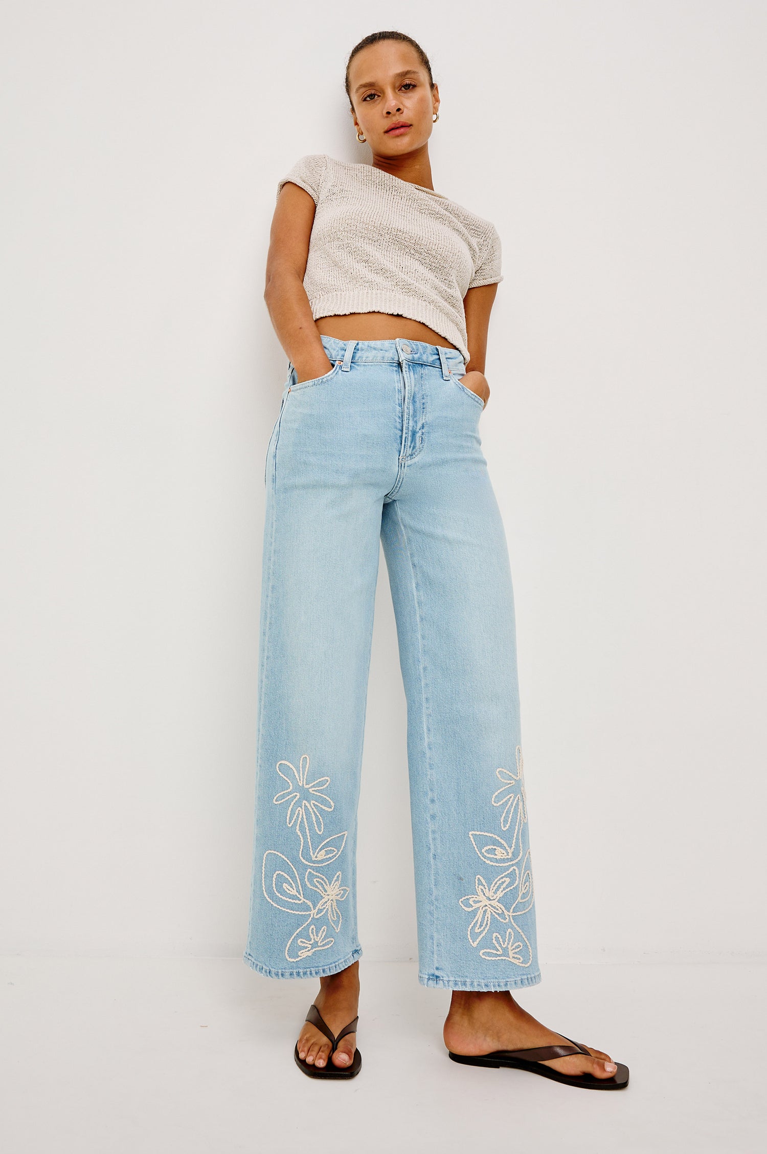 Getty Crop Jean in Light Stretch Denim With Wide Straight Legs, 27″ Inseam, 5-Pockets, and Zip Fly in Leilani Embroidered Colorway - Full Body Front View Featured on Model