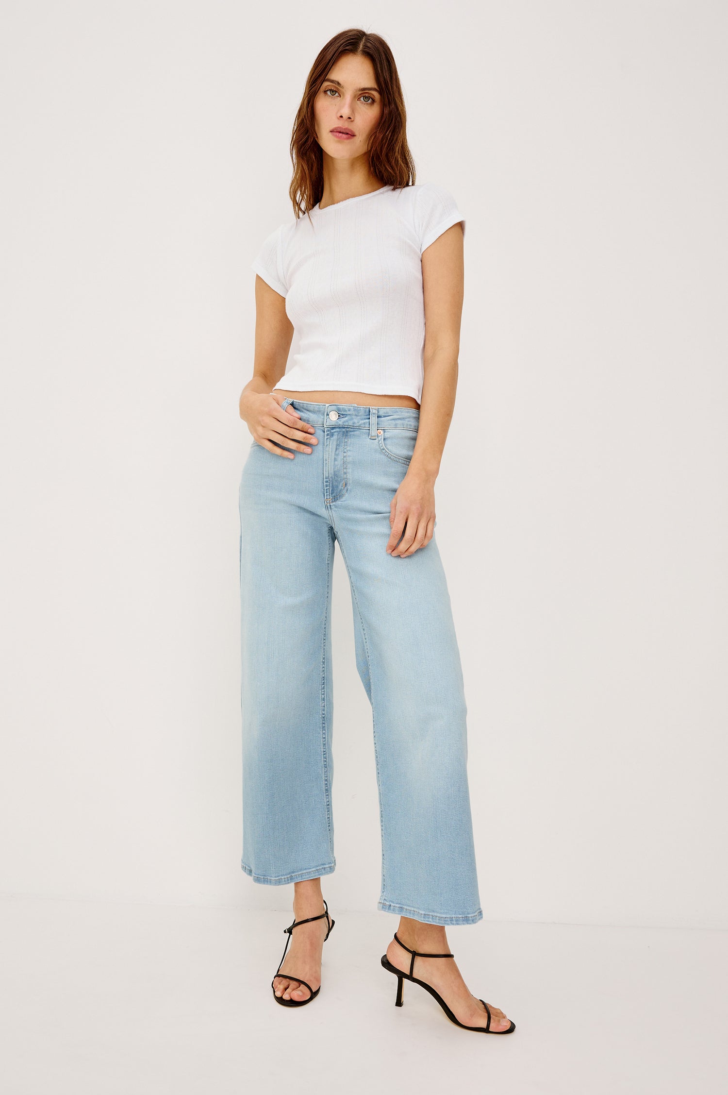 Getty Wide Leg Crop Jean in Light Stretch Denim With Wide Straight Legs, 27″ Inseam, 5-Pockets, and Front Button Fly in Low Rise Seaport Colorway - Full Body Front View Featured on Model