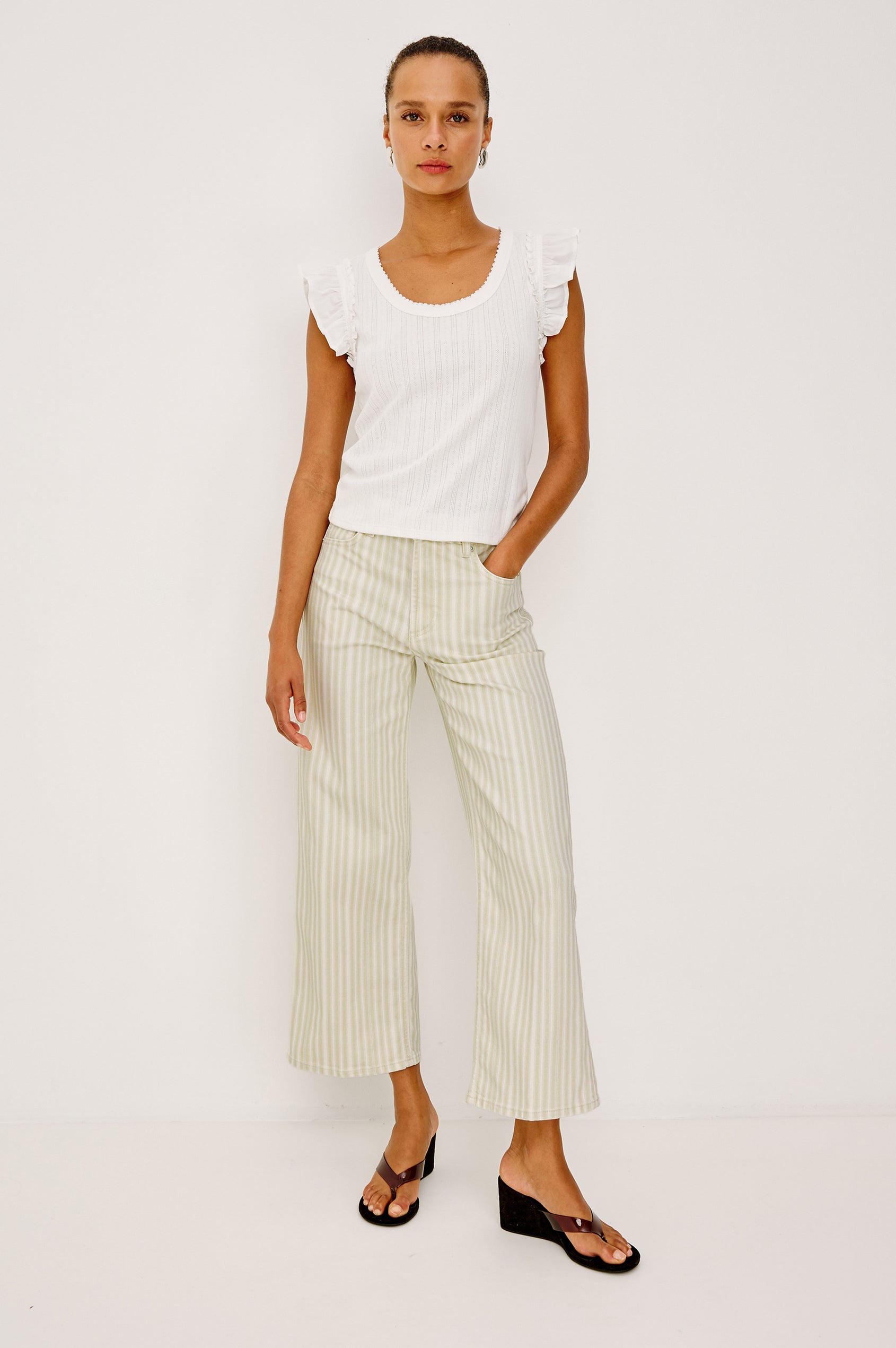 Getty Crop Jean in Light Stretch Denim With Wide Straight Legs, 27″ Inseam, 5-Pockets, and Zip Fly in Malibu Stripe Colorway - Full Body Front View Featured on Model