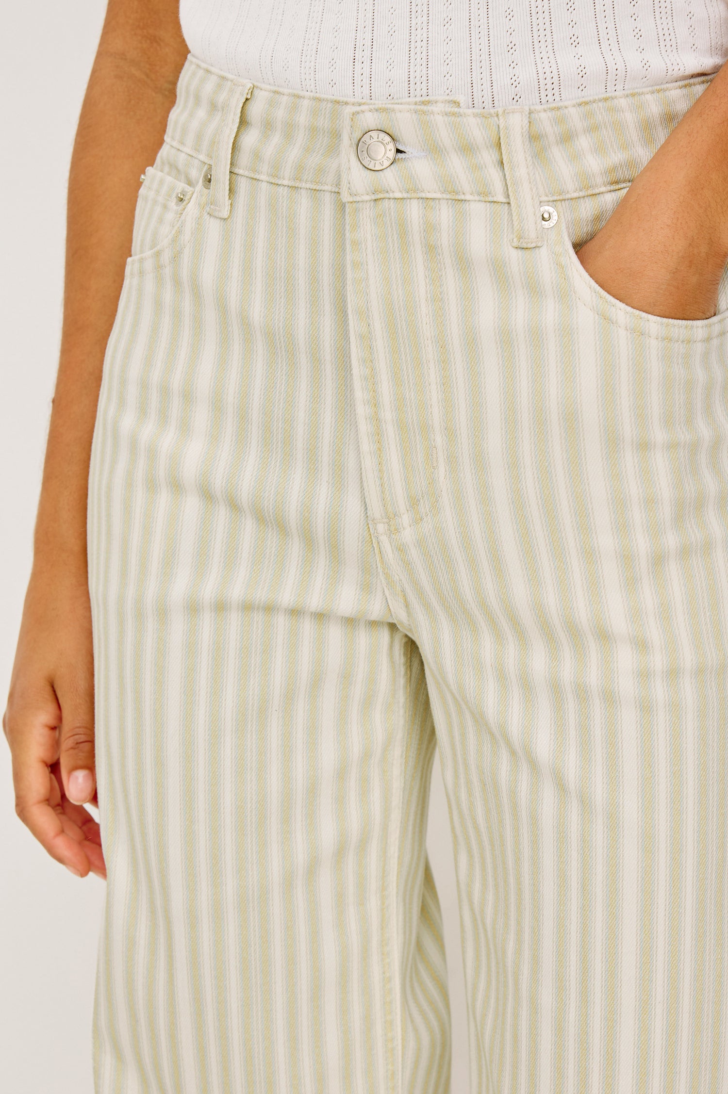 Getty Crop Jean in Light Stretch Denim With Wide Straight Legs, 27″ Inseam, 5-Pockets, and Zip Fly in Malibu Stripe Colorway - Lower Body Front View Featured on Model