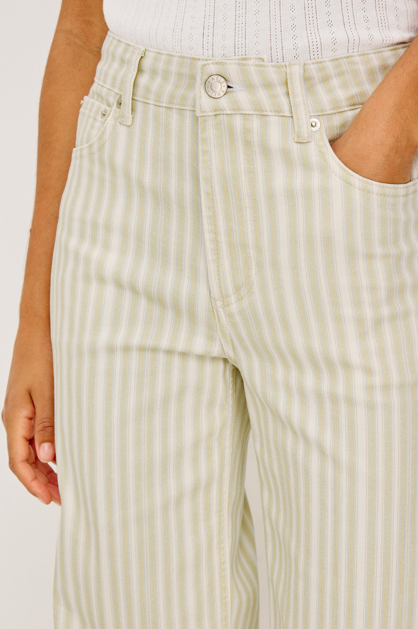 Getty Crop Jean in Light Stretch Denim With Wide Straight Legs, 27″ Inseam, 5-Pockets, and Zip Fly in Malibu Stripe Colorway - Lower Body Front View Featured on Model
