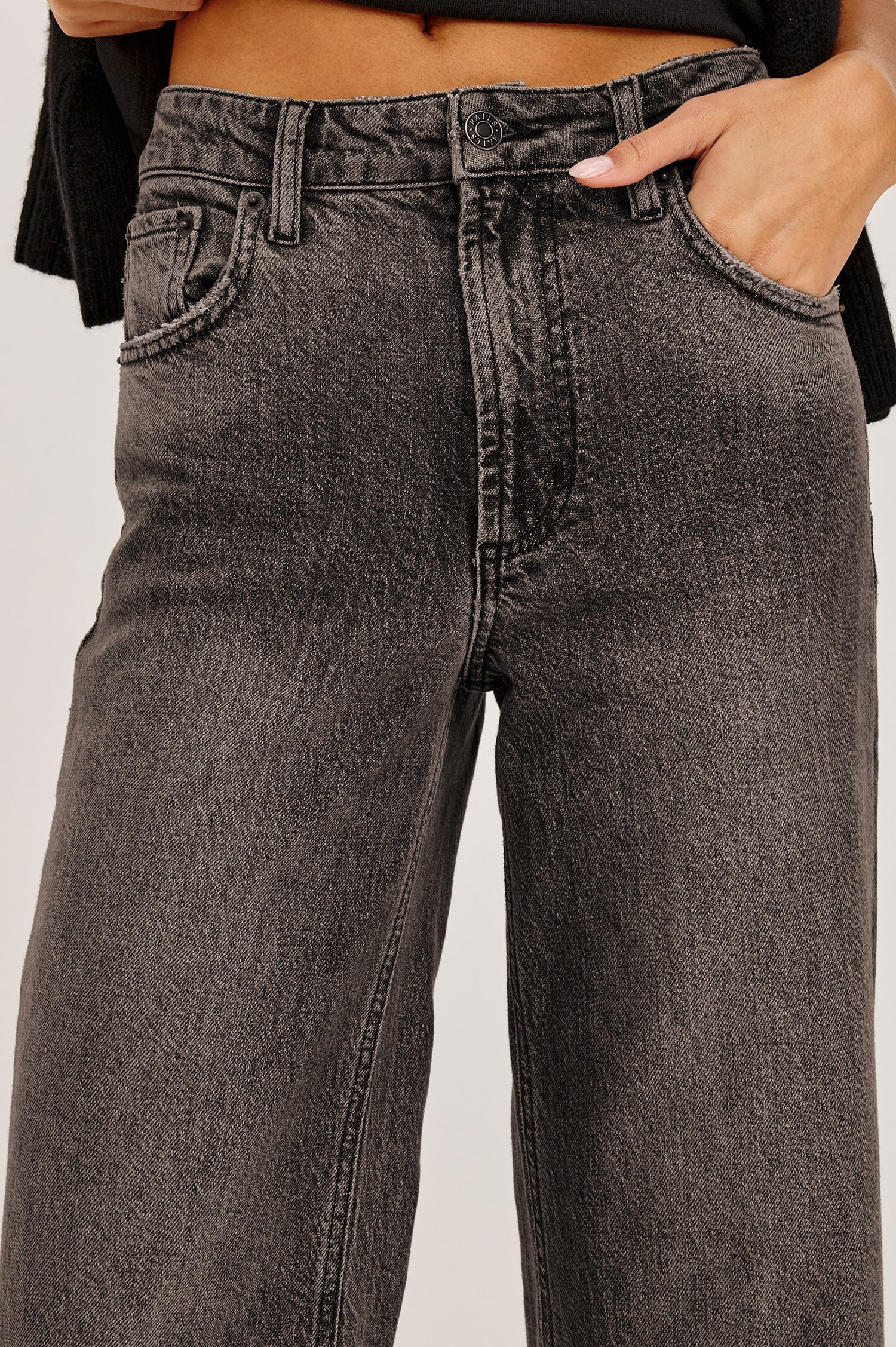 Getty Crop Low Rise Jean in Light Stretch Denim With Wide Legs and 5-Pockets in Saddleback Colorway - Lower Body Front View Featured on Model
