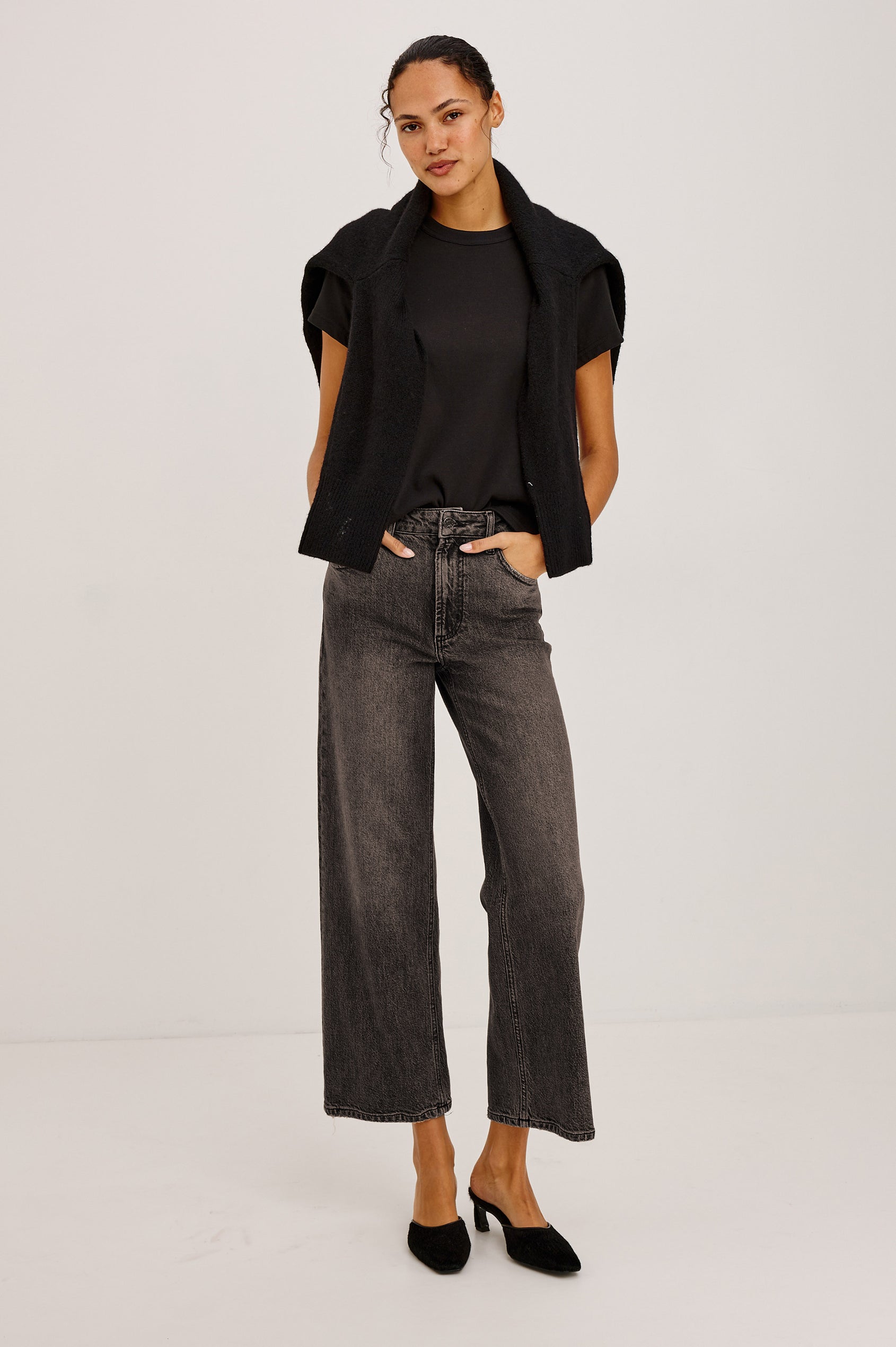 Getty Crop Low Rise Jean in Light Stretch Denim With Wide Legs and 5-Pockets in Saddleback Colorway - Full Body Front View Featured on Model