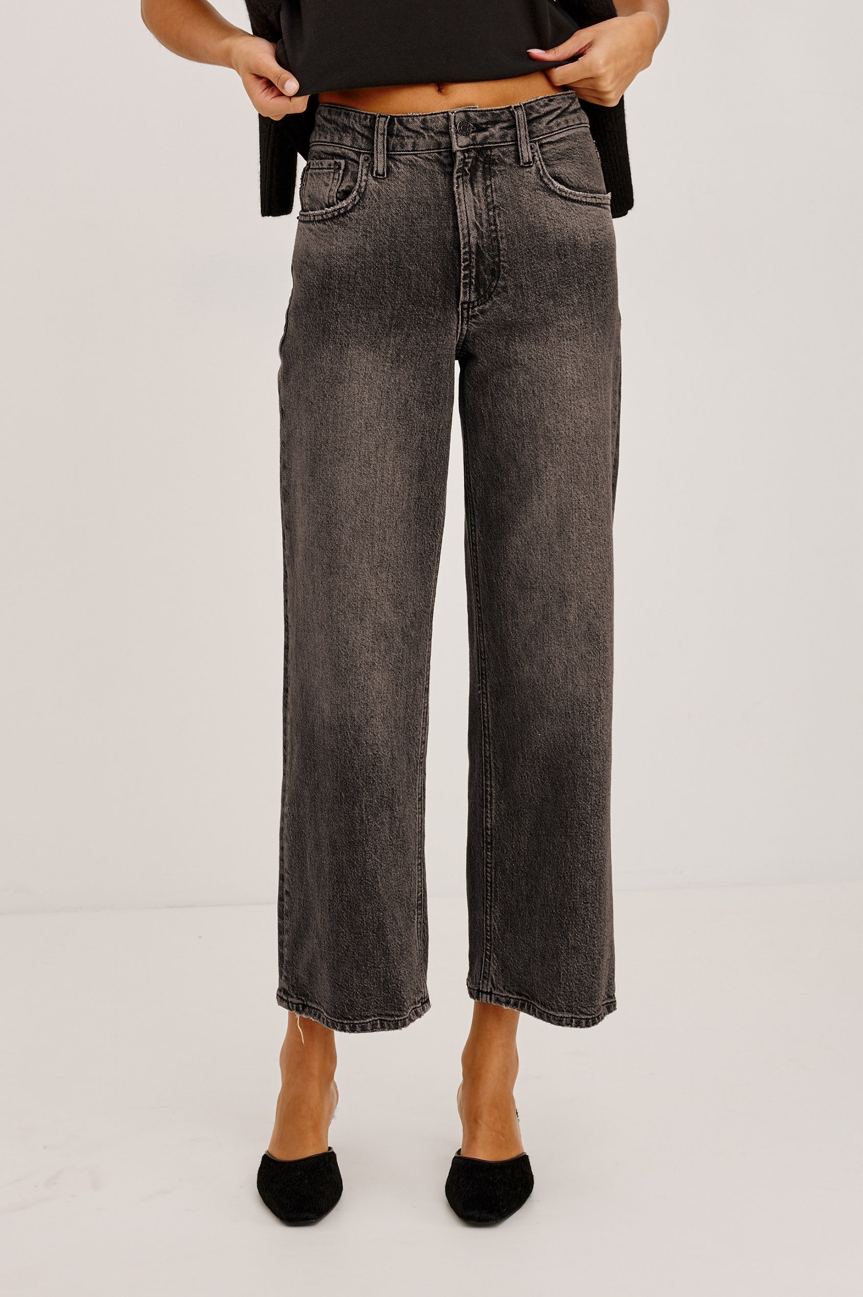 Getty Crop Low Rise Jean in Light Stretch Denim With Wide Legs and 5-Pockets in Saddleback Colorway - Lower Body Front View Featured on Model