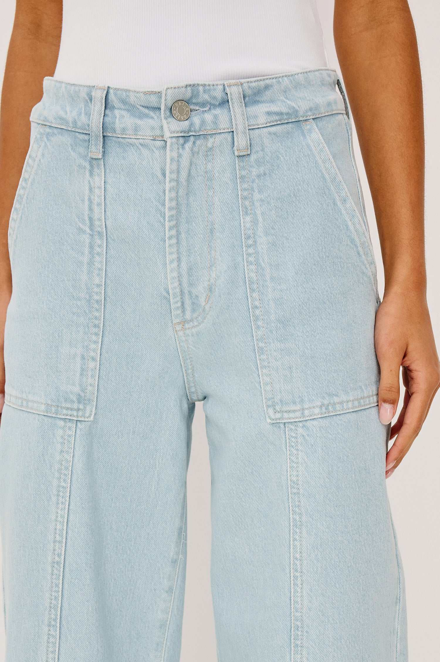 Getty Crop Utility Wide Leg Denim Pants with Belt Loops, Additional Seams, Two large Front Pockets and Two Back Patch Pockets in Oceanview Colorway - Close up View Featured on Model