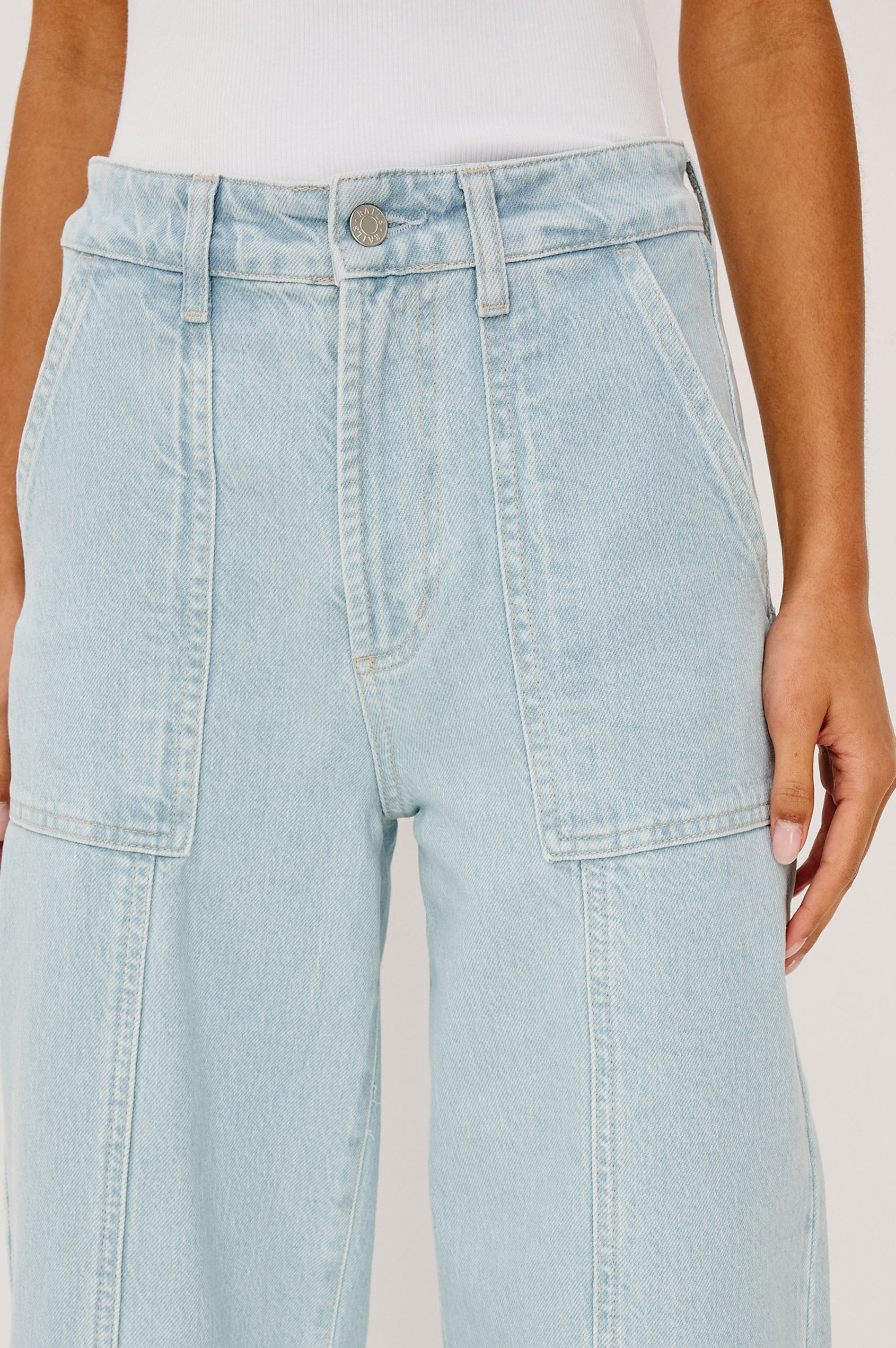 Getty Crop Utility Wide Leg Denim Pants with Belt Loops, Additional Seams, Two large Front Pockets and Two Back Patch Pockets in Oceanview Colorway - Close up View Featured on Model