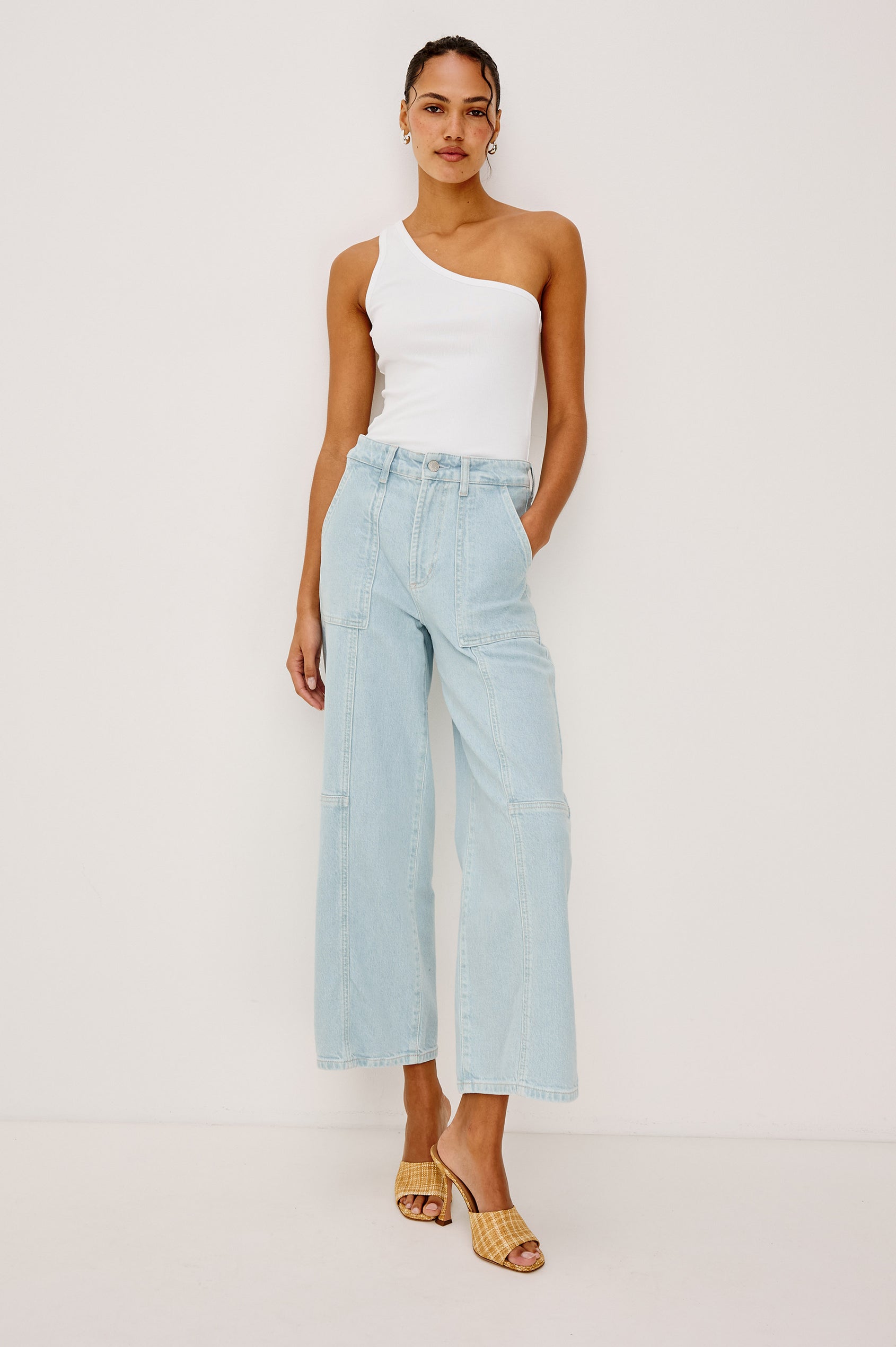 Getty Crop Utility Wide Leg Denim Pants with Belt Loops, Additional Seams, Two large Front Pockets and Two Back Patch Pockets in Oceanview Colorway - Front View Featured on Model