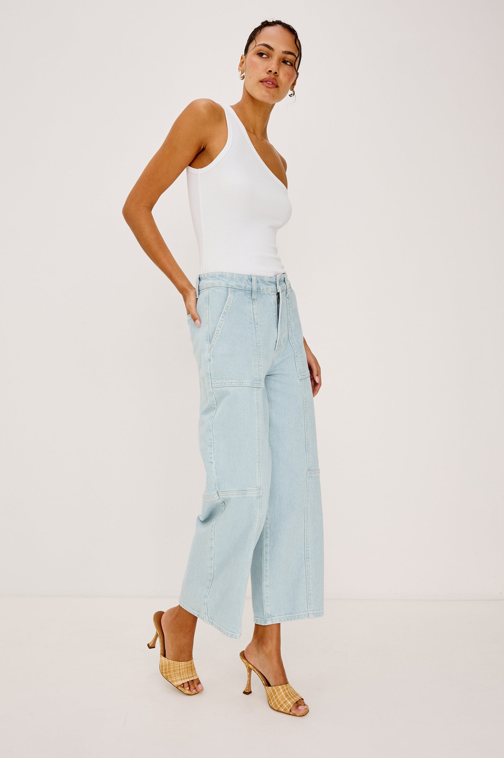 Getty Crop Utility Wide Leg Denim Pants with Belt Loops, Additional Seams, Two large Front Pockets and Two Back Patch Pockets in Oceanview Colorway - Front View Featured on Model