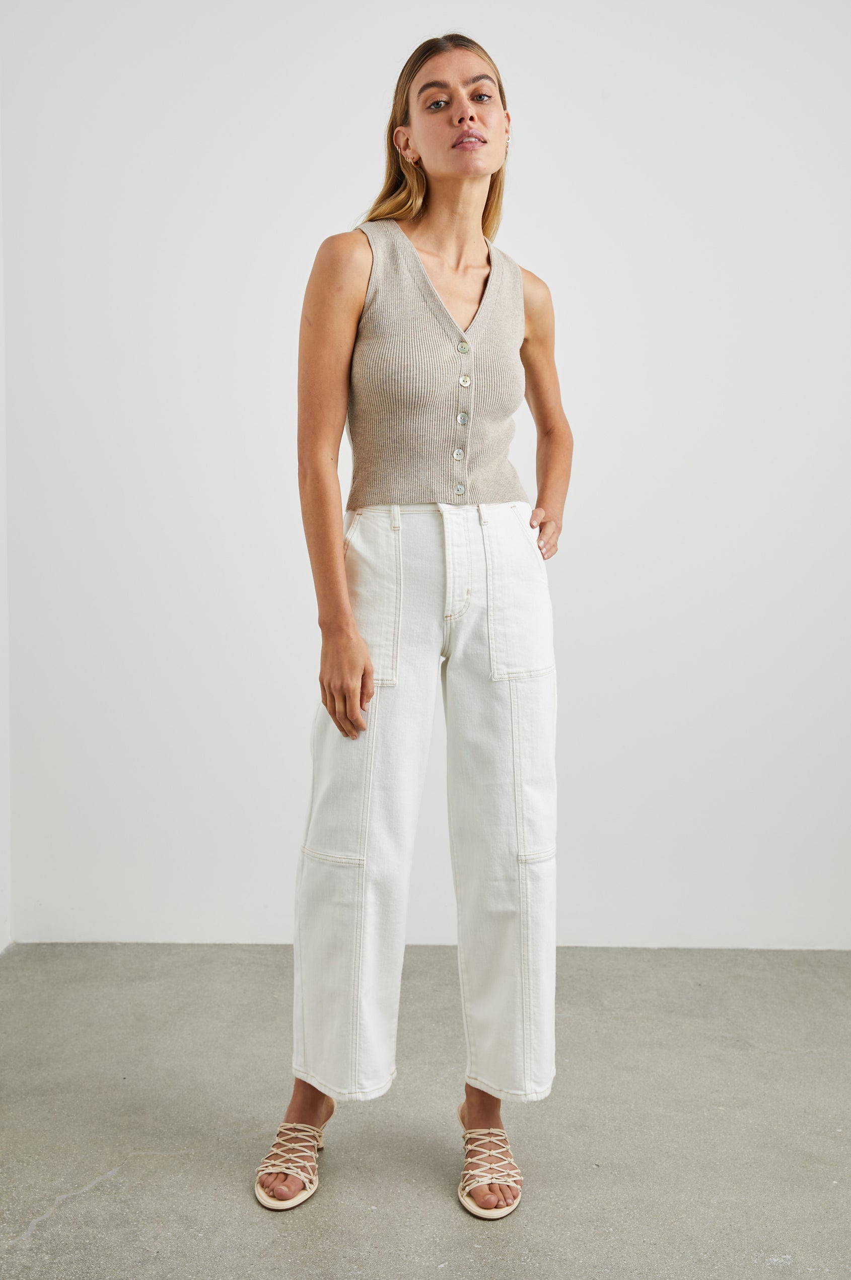Getty Crop Utility Wide Leg Denim Pants with Belt Loops, Additional Seams, Two large Front Pockets and Two Back Patch Pockets in Vintage Ecru Contrast Stitch Colorway, gold-toned Seam Stitching - Front Full Body View Featured on Model