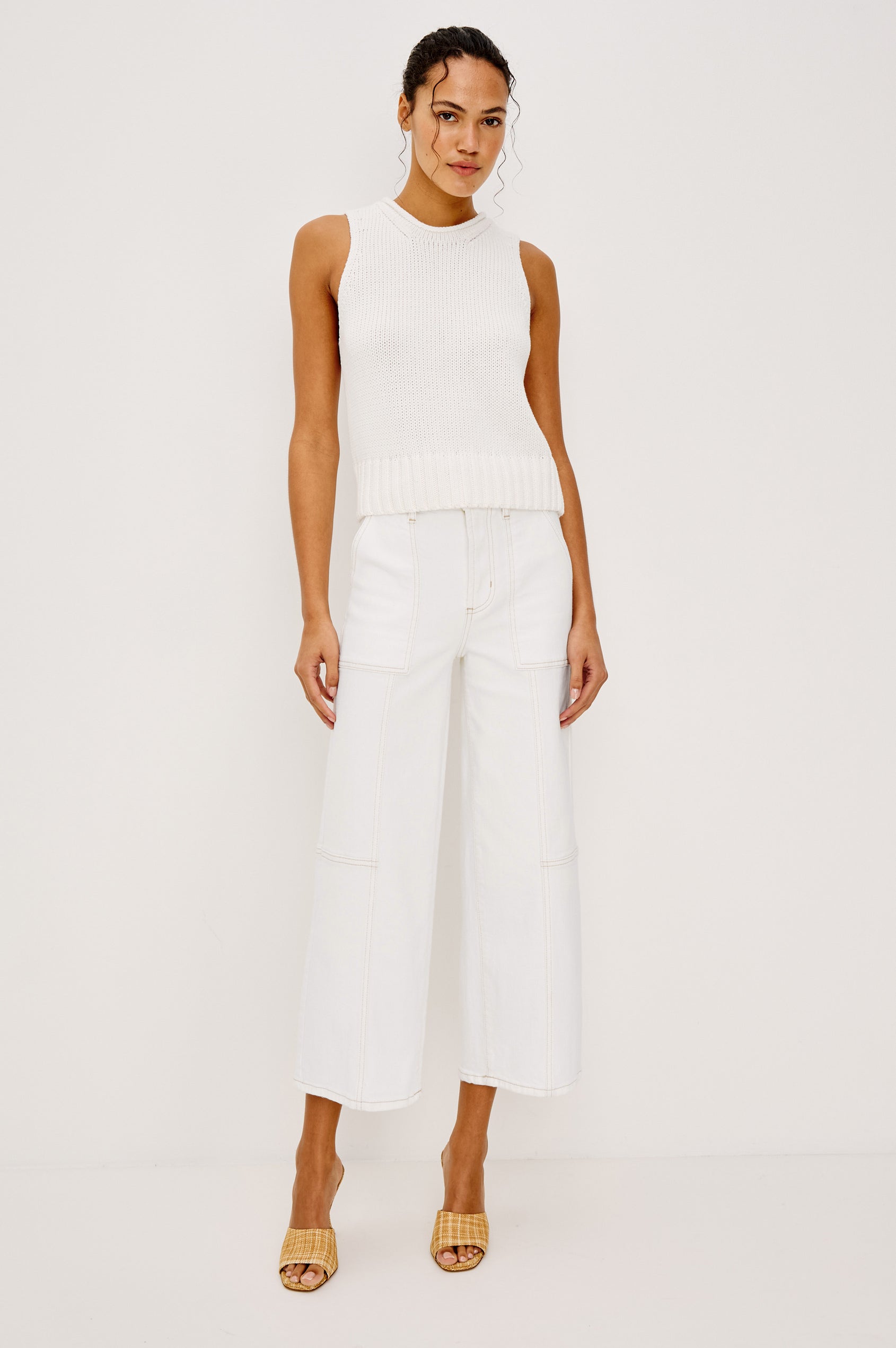 Getty Crop Utility Wide Leg Denim Pants with Belt Loops, Additional Seams, Two large Front Pockets and Two Back Patch Pockets in Vintage Ecru Contrast Stitch Colorway, gold-toned Seam Stitching - Front Full Body View Featured on Model