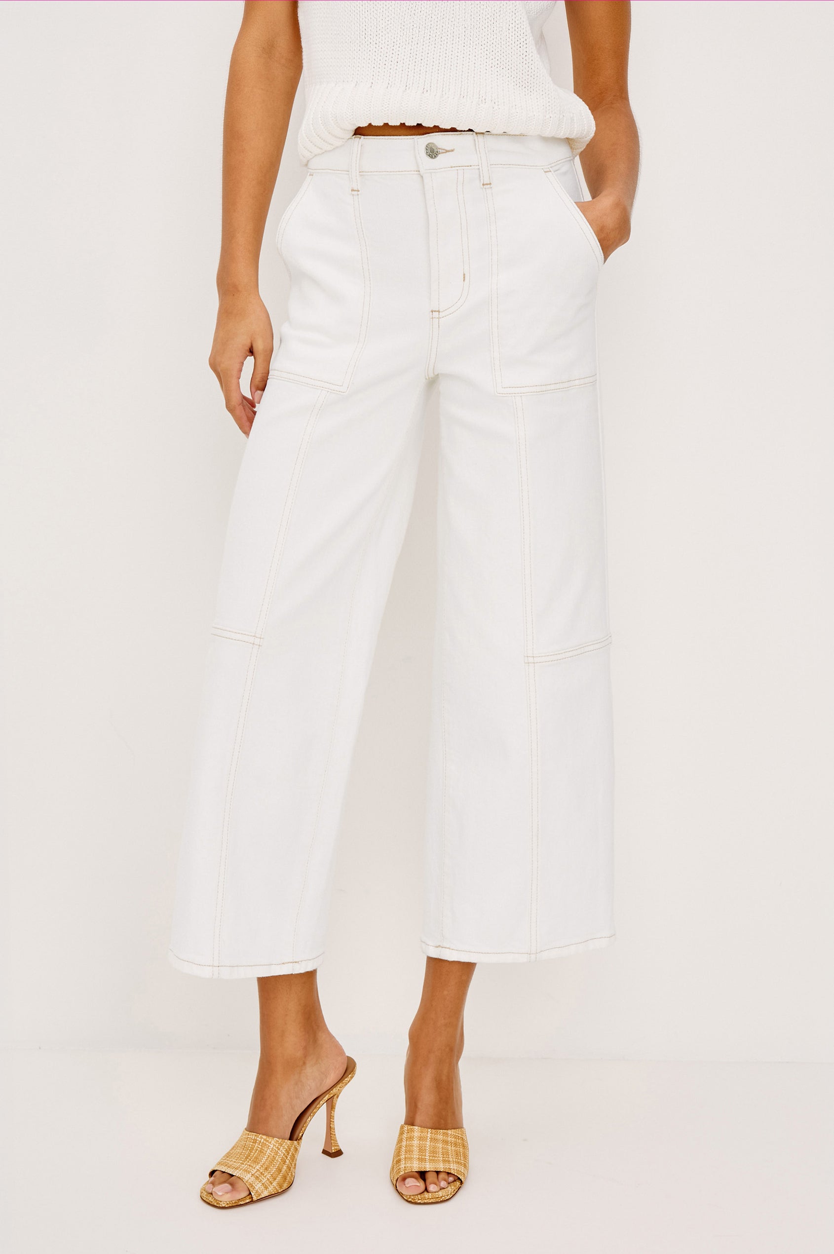 Getty Crop Utility Wide Leg Denim Pants with Belt Loops, Additional Seams, Two large Front Pockets and Two Back Patch Pockets in Vintage Ecru Contrast Stitch Colorway, gold-toned Seam Stitching - Front Full Body View Featured on Model