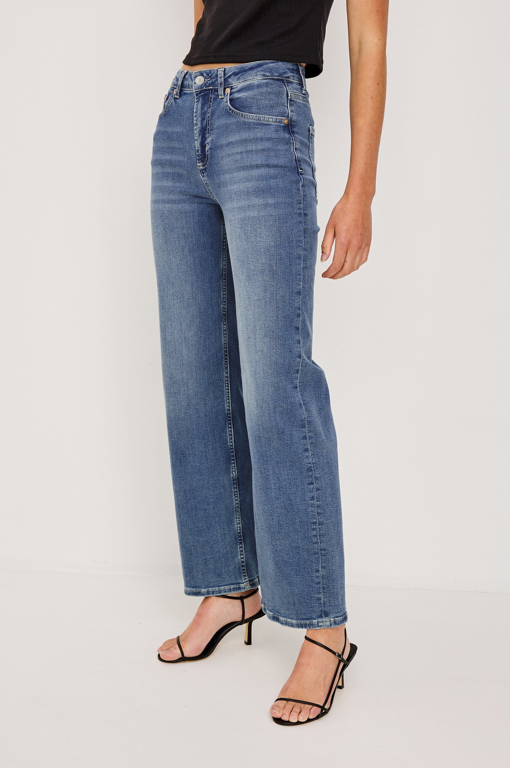 Getty Wide Leg Denim Pants with Belt Loops, Two Front Pockets and Two Back Patch Pockets in East Coast Colorway - Front/Side View Featured on Model