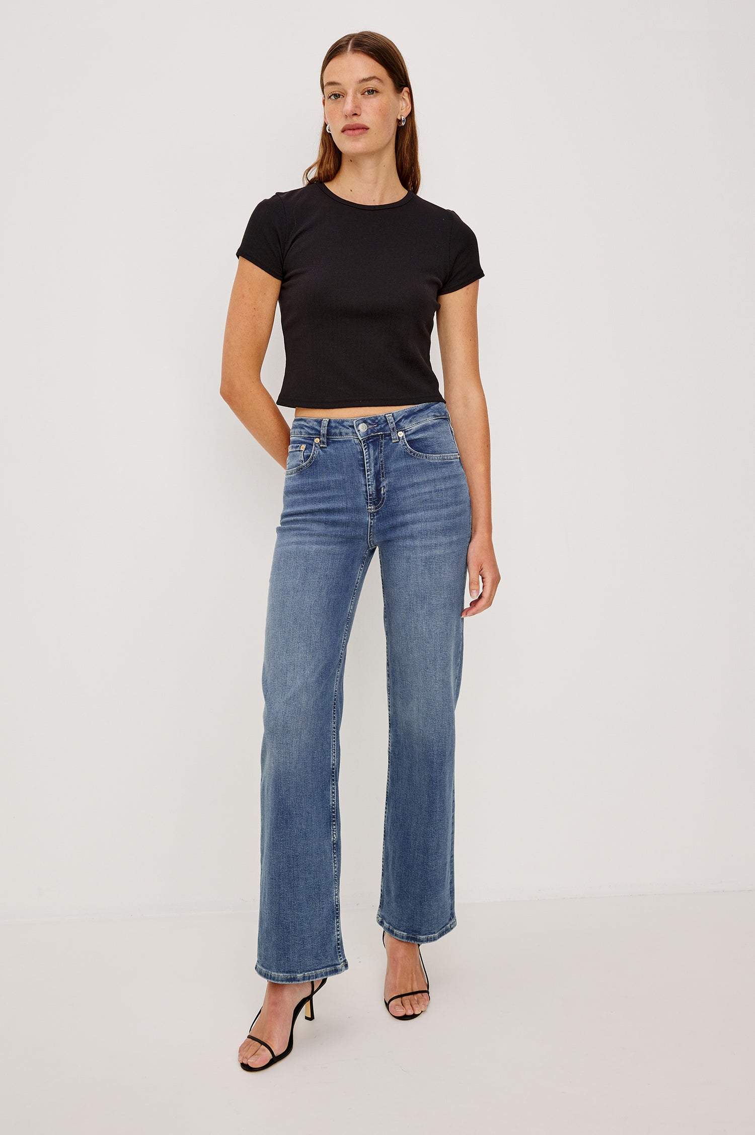 Getty Wide Leg Denim Pants with Belt Loops, Two Front Pockets and Two Back Patch Pockets in East Coast Colorway - Front Full Body View Featured on Model