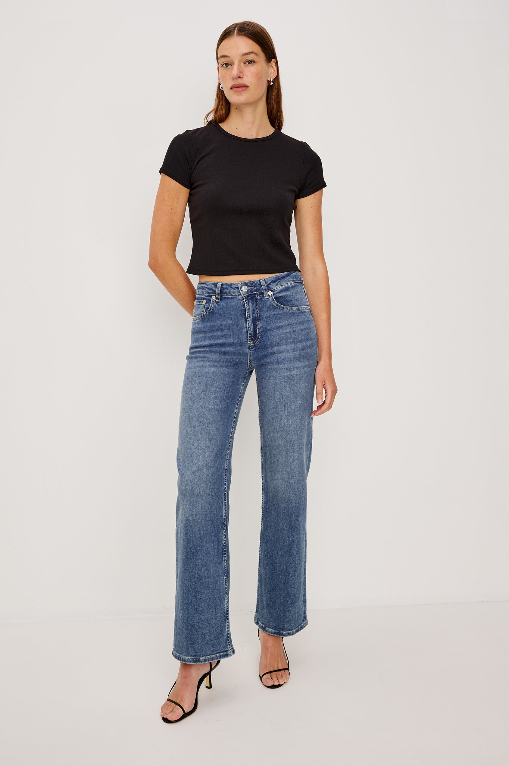 Getty Wide Leg Denim Pants with Belt Loops, Two Front Pockets and Two Back Patch Pockets in East Coast Colorway - Front Full Body View Featured on Model