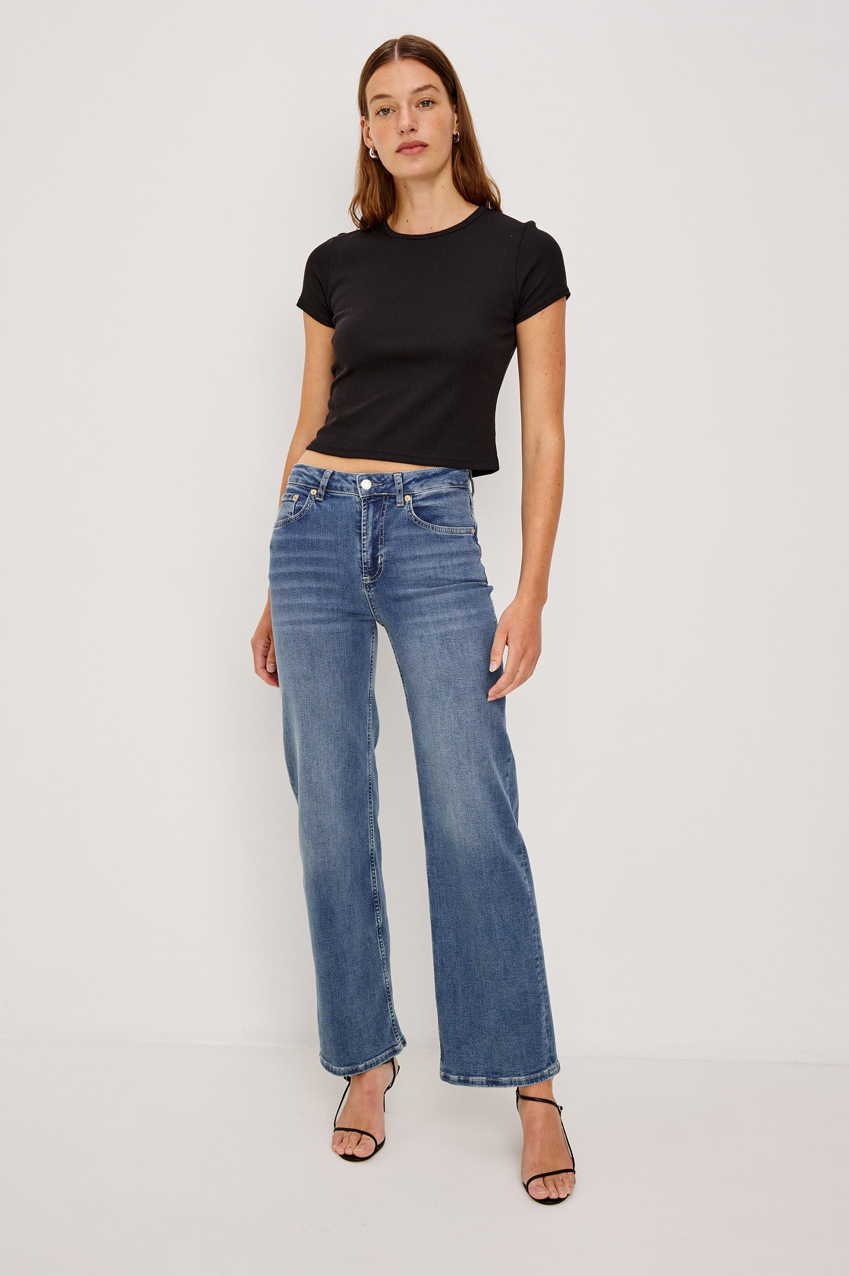 Getty Wide Leg Denim Pants with Belt Loops, Two Front Pockets and Two Back Patch Pockets in East Coast Colorway - Front Full Body View Featured on Model
