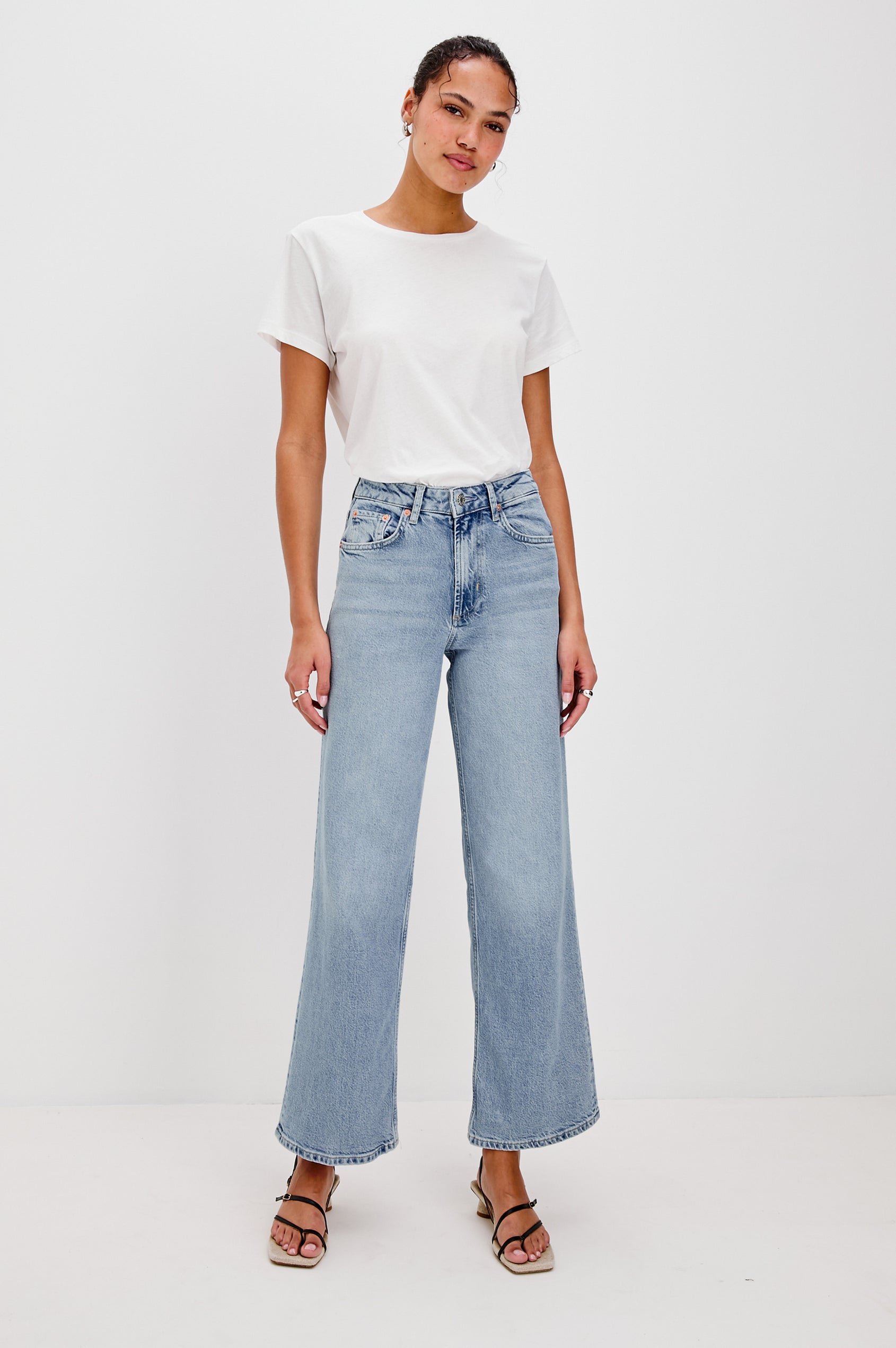 Getty high waisted 5 pocket wide leg jean in light wash Jasper - full body front view on model.