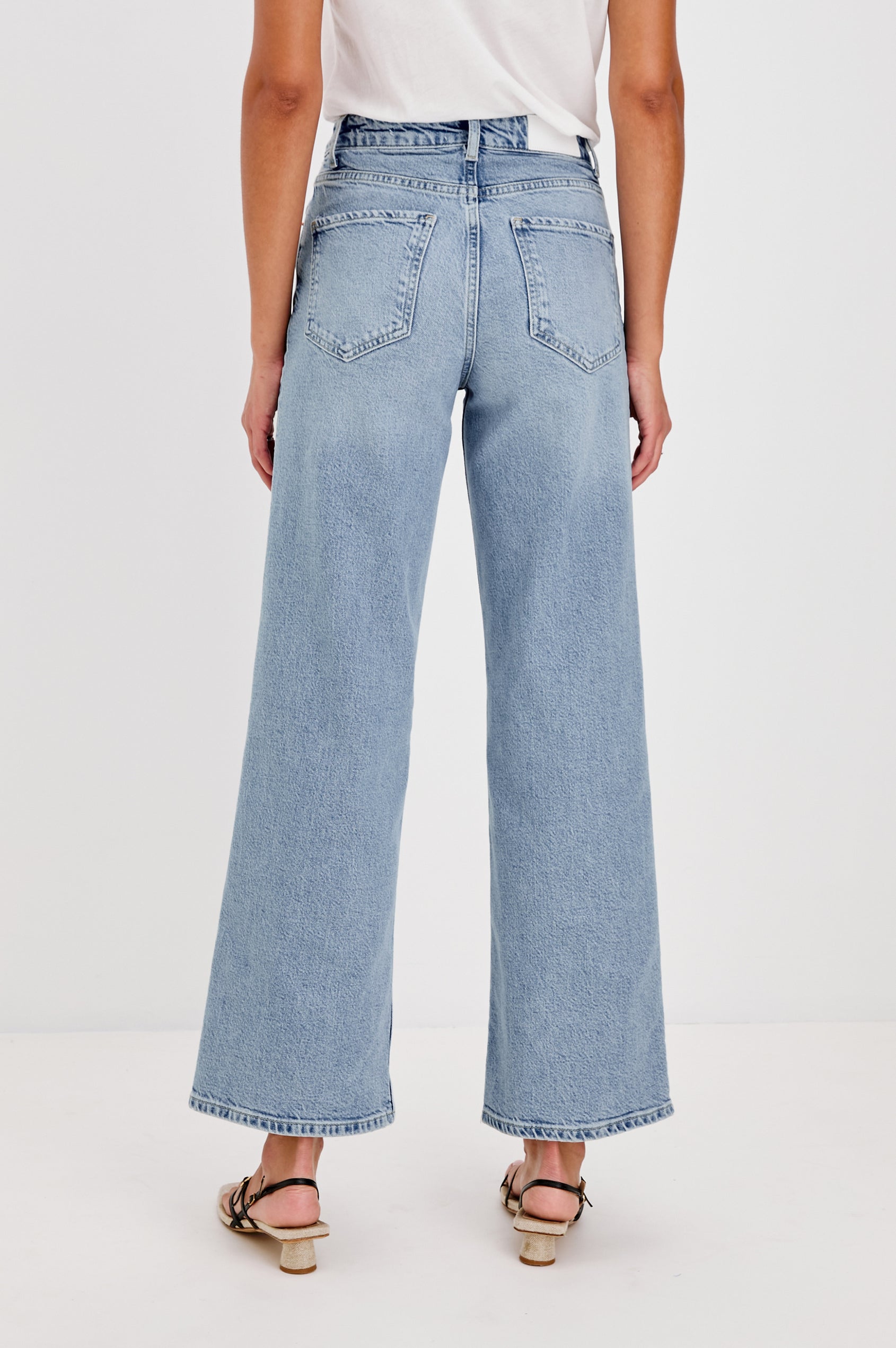 Getty high waisted 5 pocket wide leg jean in light wash Jasper - full body back view on model.