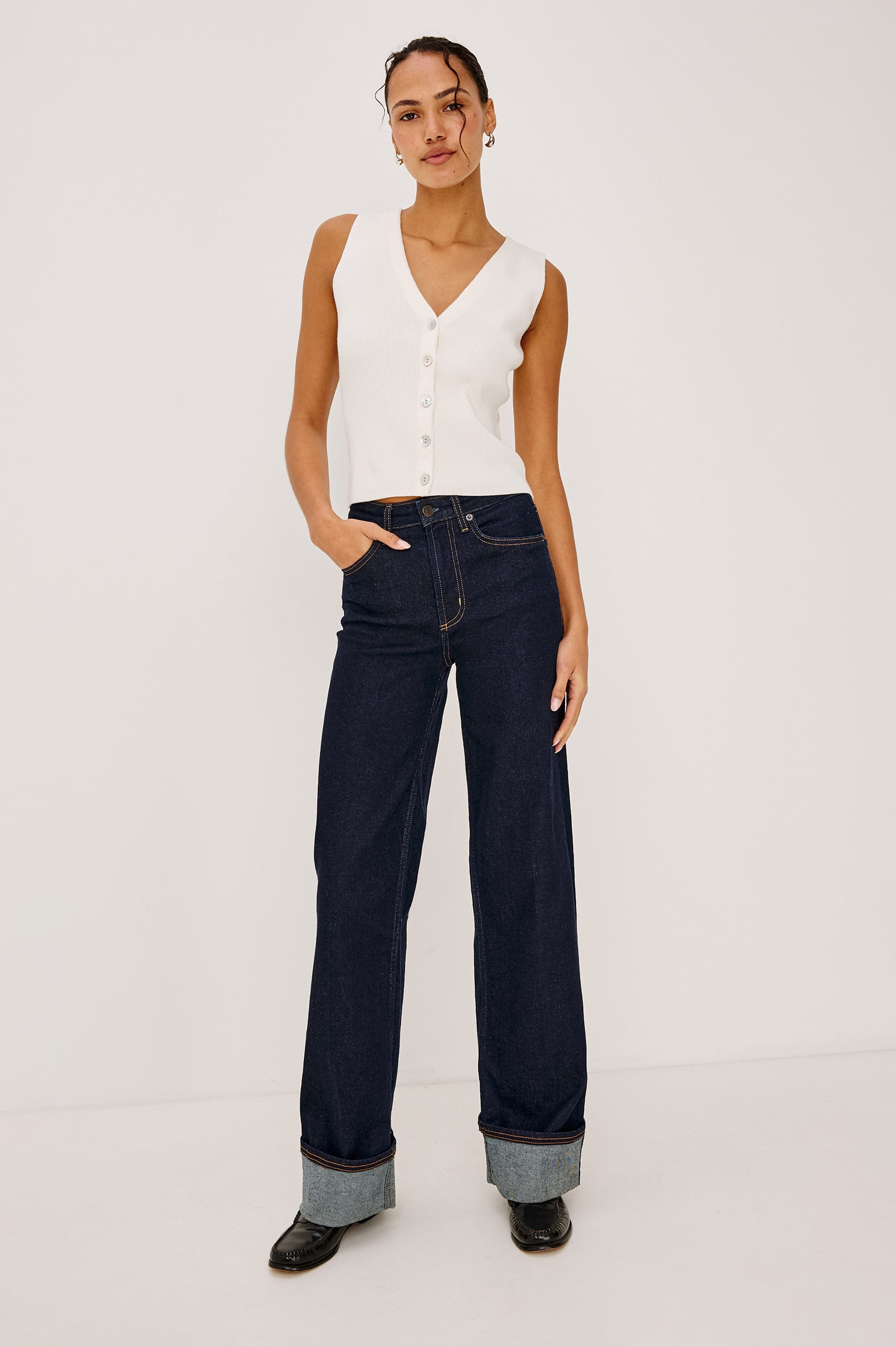 Getty Wide Leg Jean in Light Stretch Denim With High-Rise High-Waisted Fit, Button Fly, and 5-Pockets in Midnight Blues Cuffed Colorway - Full Body Front View Featured on Model