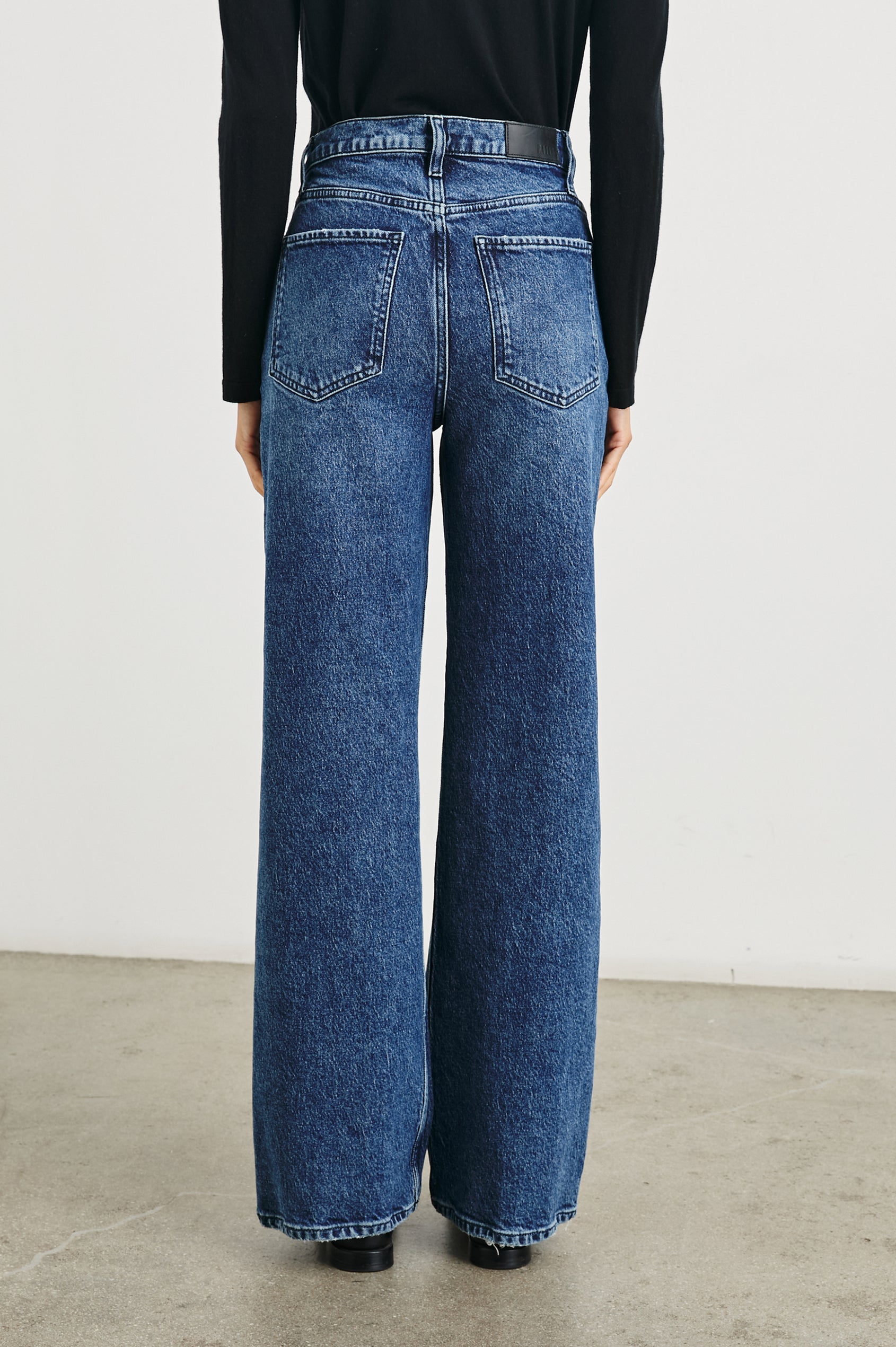 Getty Wide Leg Denim Pants with Belt Loops, Two Front Pockets and Two Back Patch Pockets in Moonlit Ocean Colorway - Back View Featured on Model