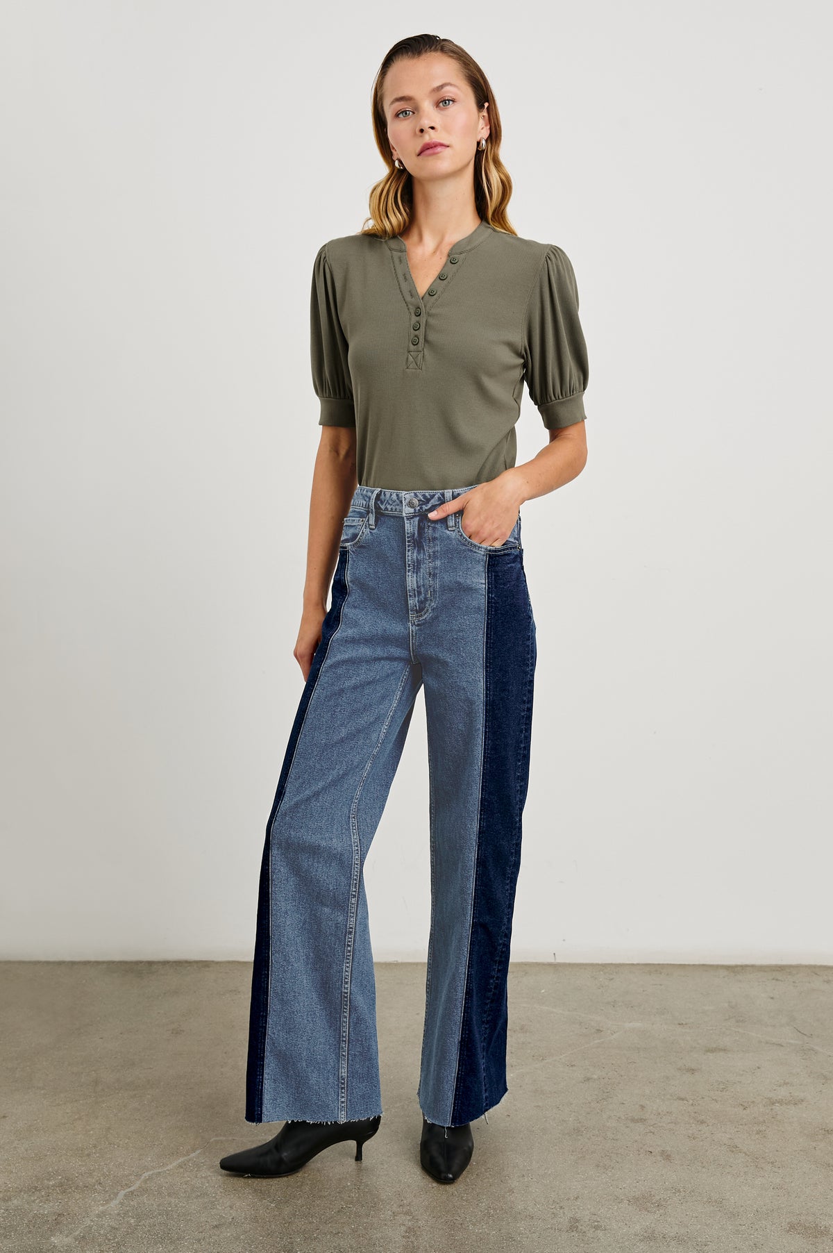 Getty Paneled Wide Leg Denim Pants with Vertical darker Panels along the Outer Sides, Belt Loops, Two Front Pockets and Two Back Patch Pockets in Twilight Shadow Colorway - Front Full Body View Featured on Model