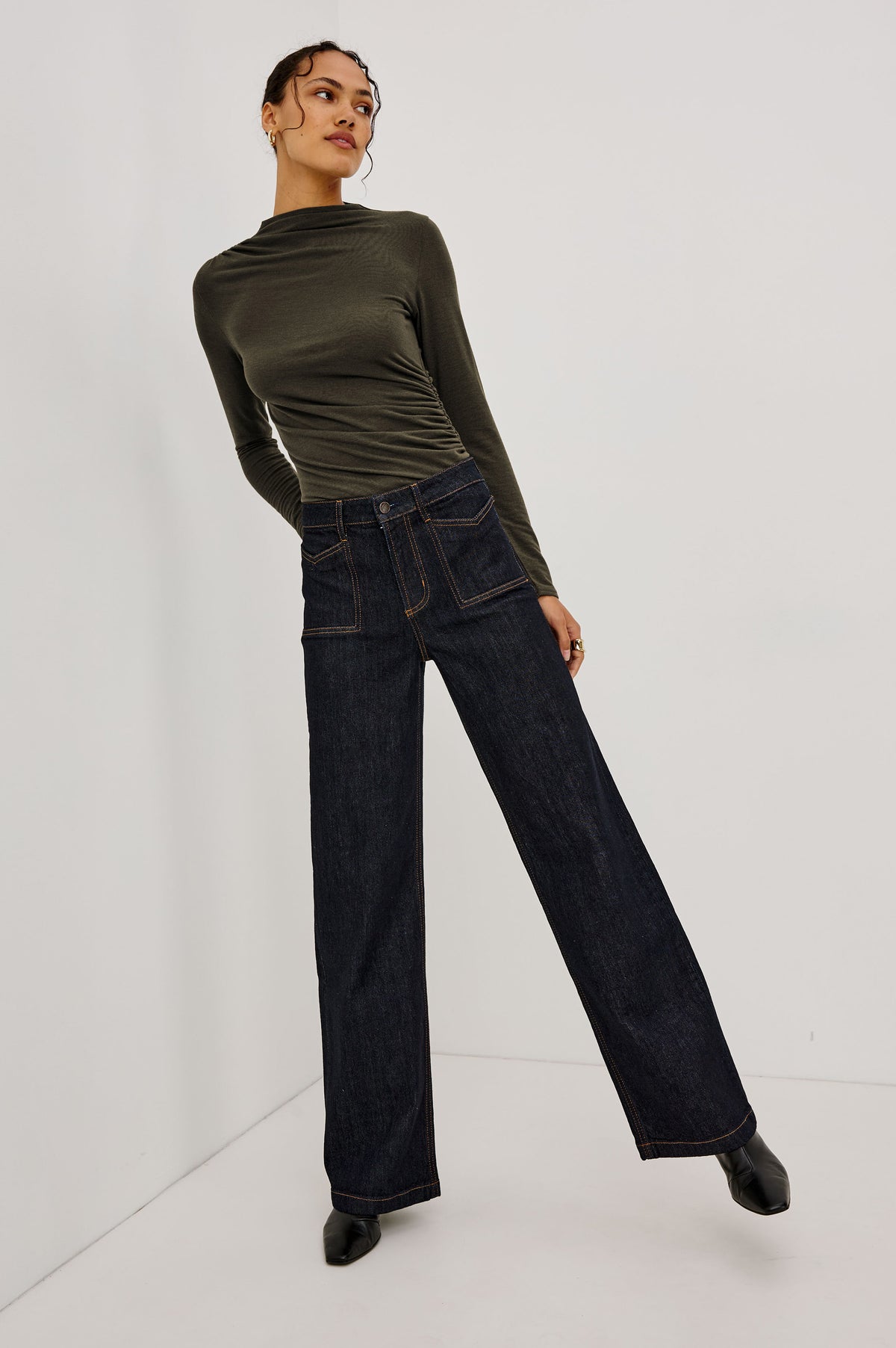 Getty Wide Leg Jean in Comfort Stretch Denim With High-Rise, Patch Pockets, Zipper Fly, and Extended Inseam in Wild West Colorway - Full Body Front View Featured on Model