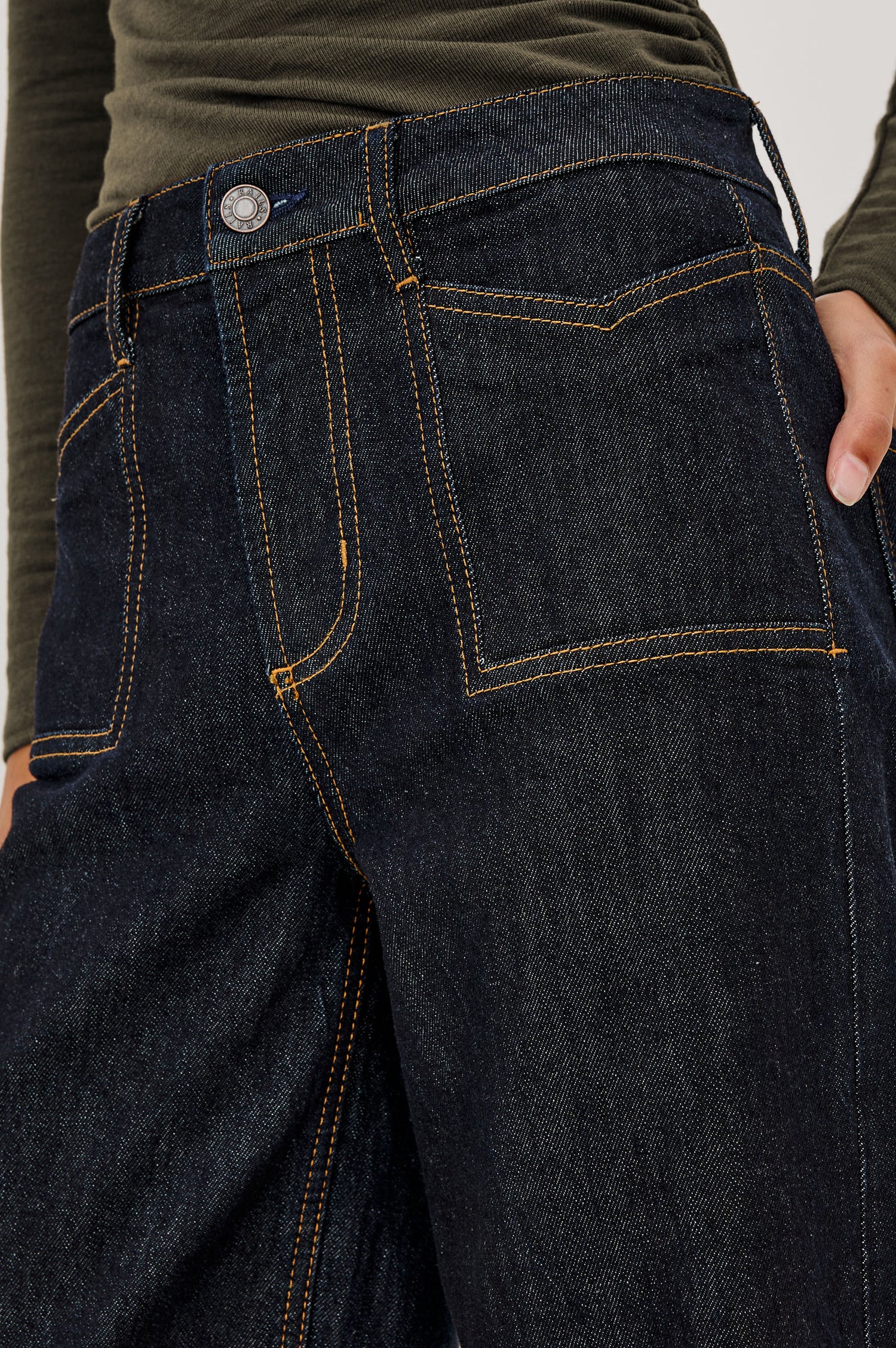Getty Wide Leg Jean in Comfort Stretch Denim With High-Rise, Patch Pockets, Zipper Fly, and Extended Inseam in Wild West Colorway - Mid Body Front View Featured on Model