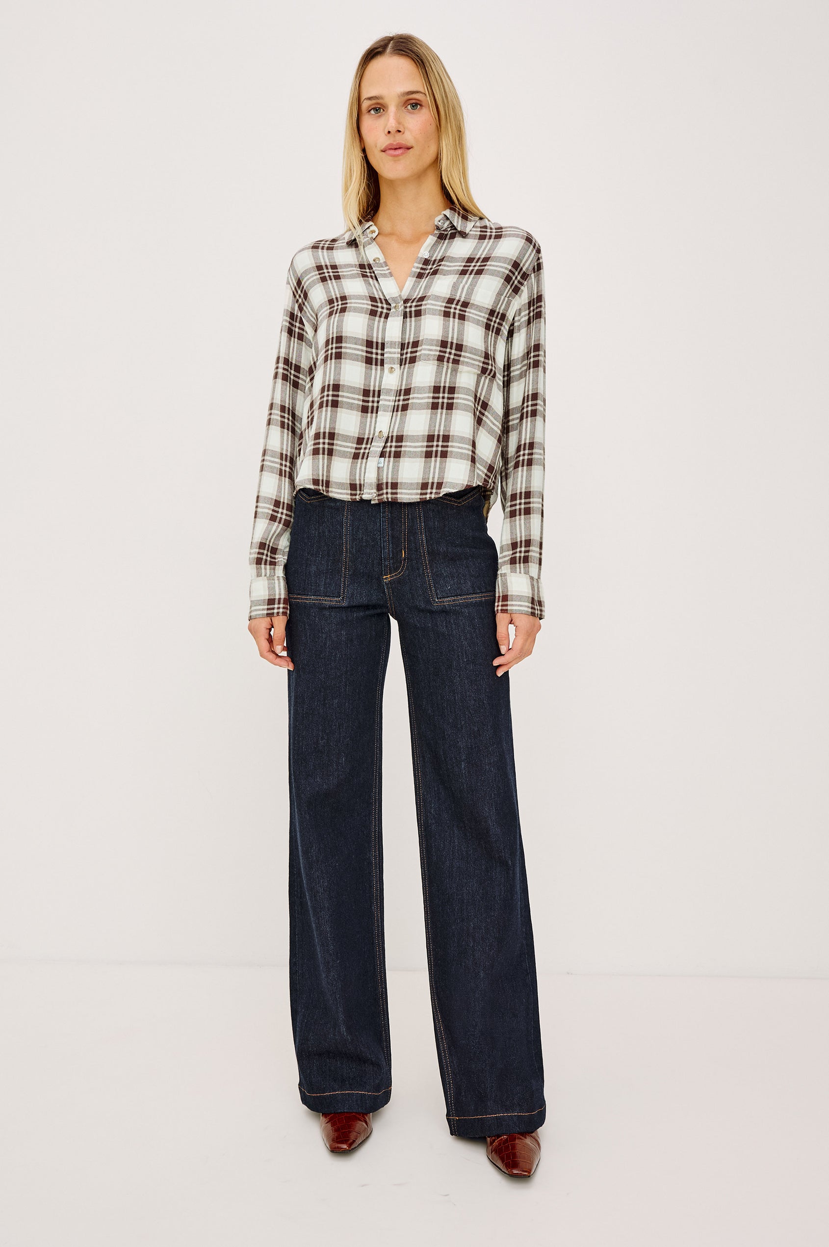 Getty Wide Leg Jean in Comfort Stretch Denim With High-Rise, Patch Pockets, Zipper Fly, and Extended Inseam in Wild West Colorway - Full Body Front View Featured on Model