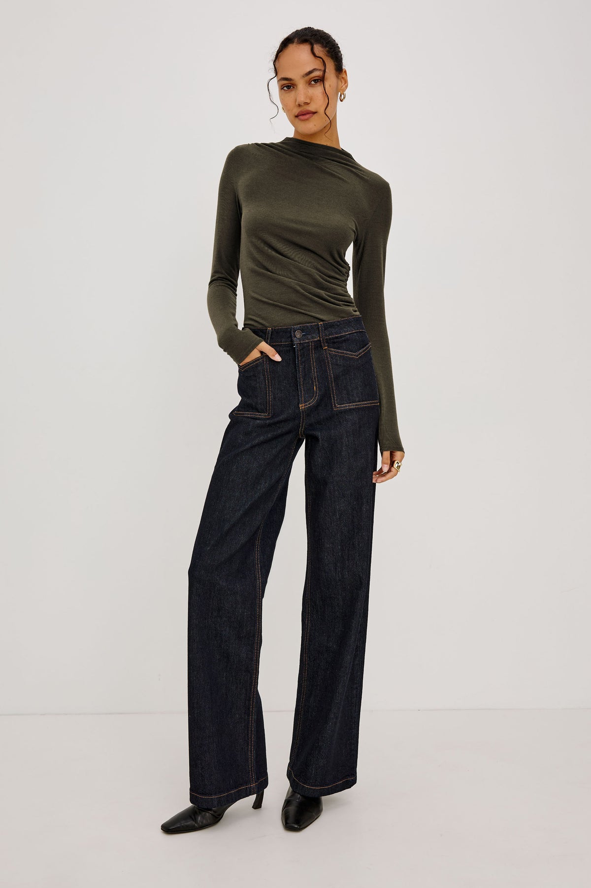 Getty Wide Leg Jean in Comfort Stretch Denim With High-Rise, Patch Pockets, Zipper Fly, and Extended Inseam in Wild West Colorway - Full Body Front View Featured on Model