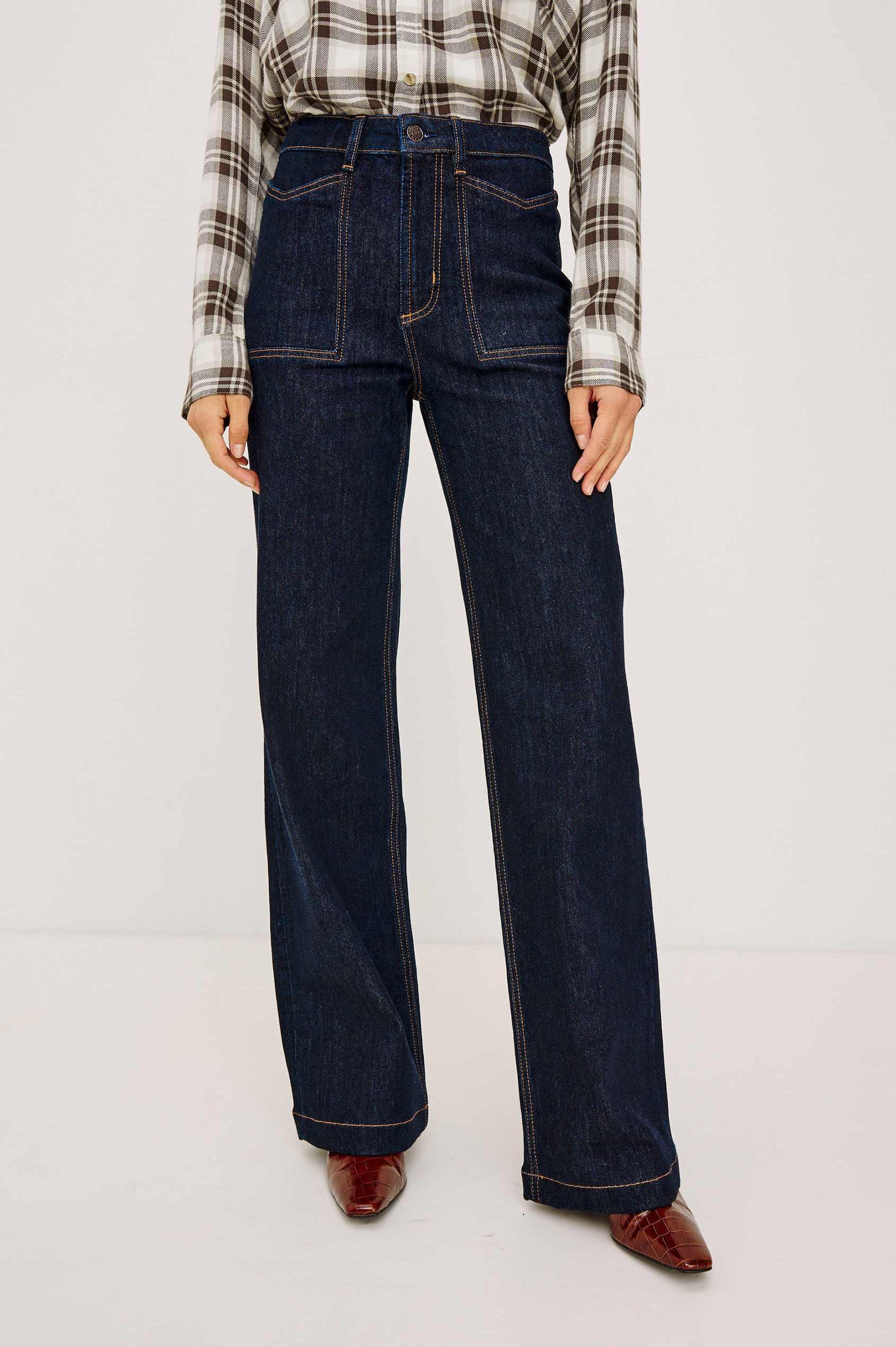Getty Wide Leg Jean in Comfort Stretch Denim With High-Rise, Patch Pockets, Zipper Fly, and Extended Inseam in Wild West Colorway - Lower Body Front View Featured on Model