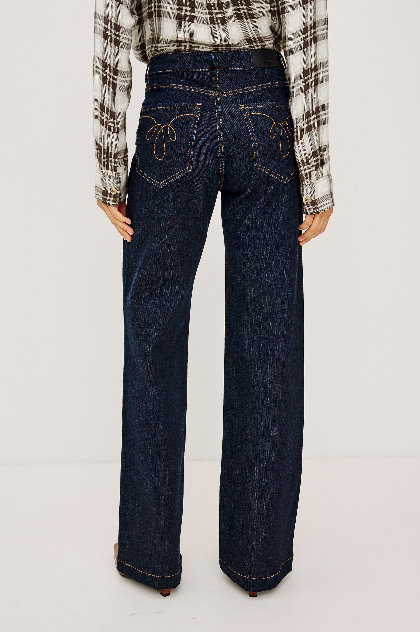 Getty Wide Leg Jean in Comfort Stretch Denim With High-Rise, Patch Pockets, Zipper Fly, and Extended Inseam in Wild West Colorway - Lower Body Back View Featured on Model