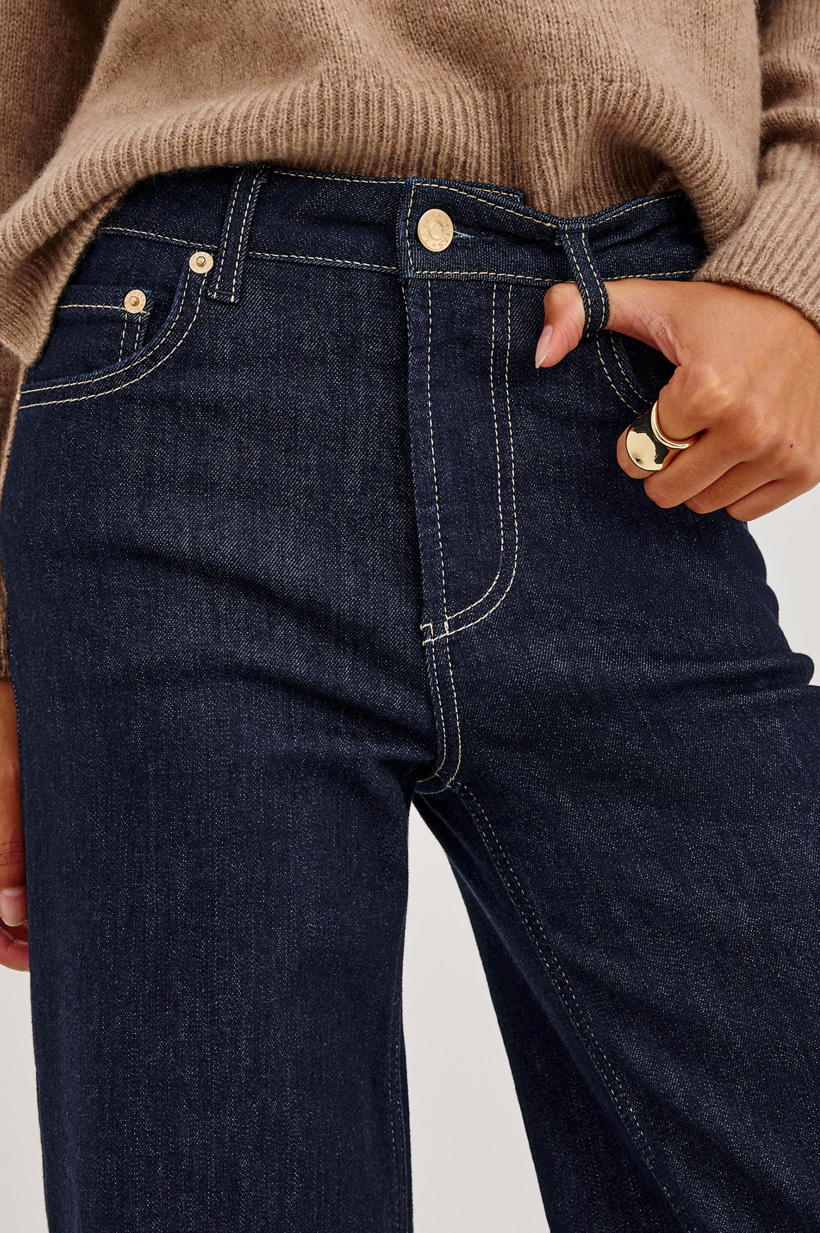 Getty Petite Wide Leg Jean in Light Comfort-Stretch Denim With High-Rise, 5-Pockets, and Zipper Fly in After Hours Colorway - Mid Body Front Close Up View Featured on Model