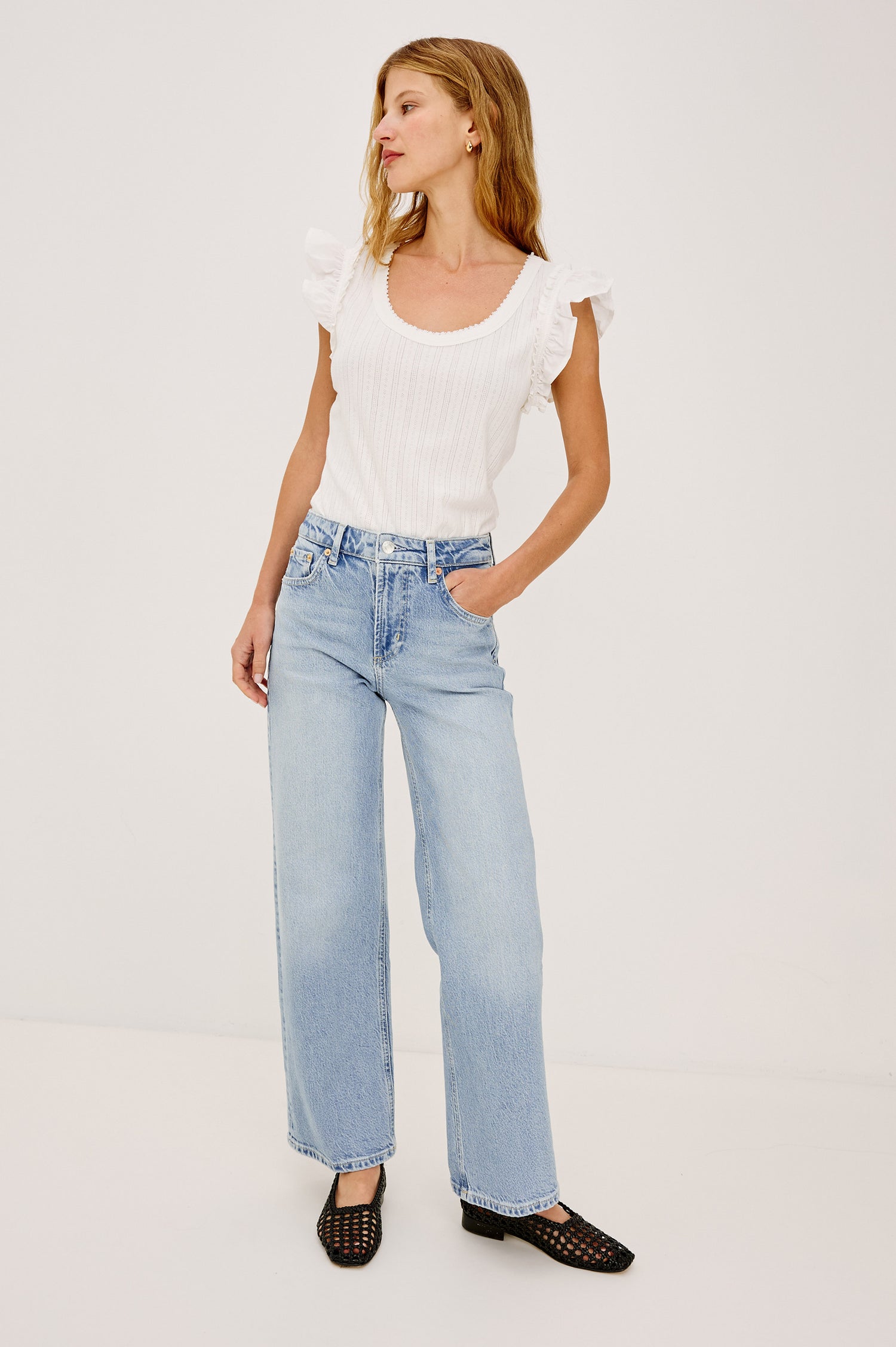 Getty Petite Wide Leg Denim Pants with Belt Loops, Two Front Pockets and Two Back Patch Pockets in Jasper Colorway - Front/Side View Featured on Model