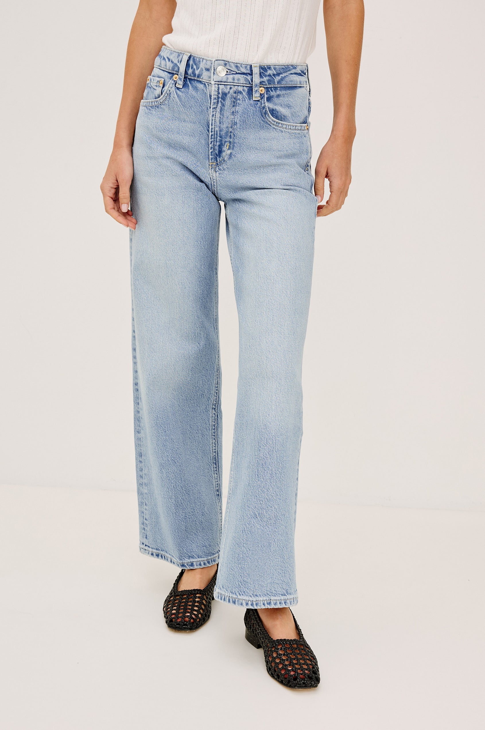 Getty Petite Wide Leg Denim Pants with Belt Loops, Two Front Pockets and Two Back Patch Pockets in Jasper Colorway - Lower Body Front View Featured on Model