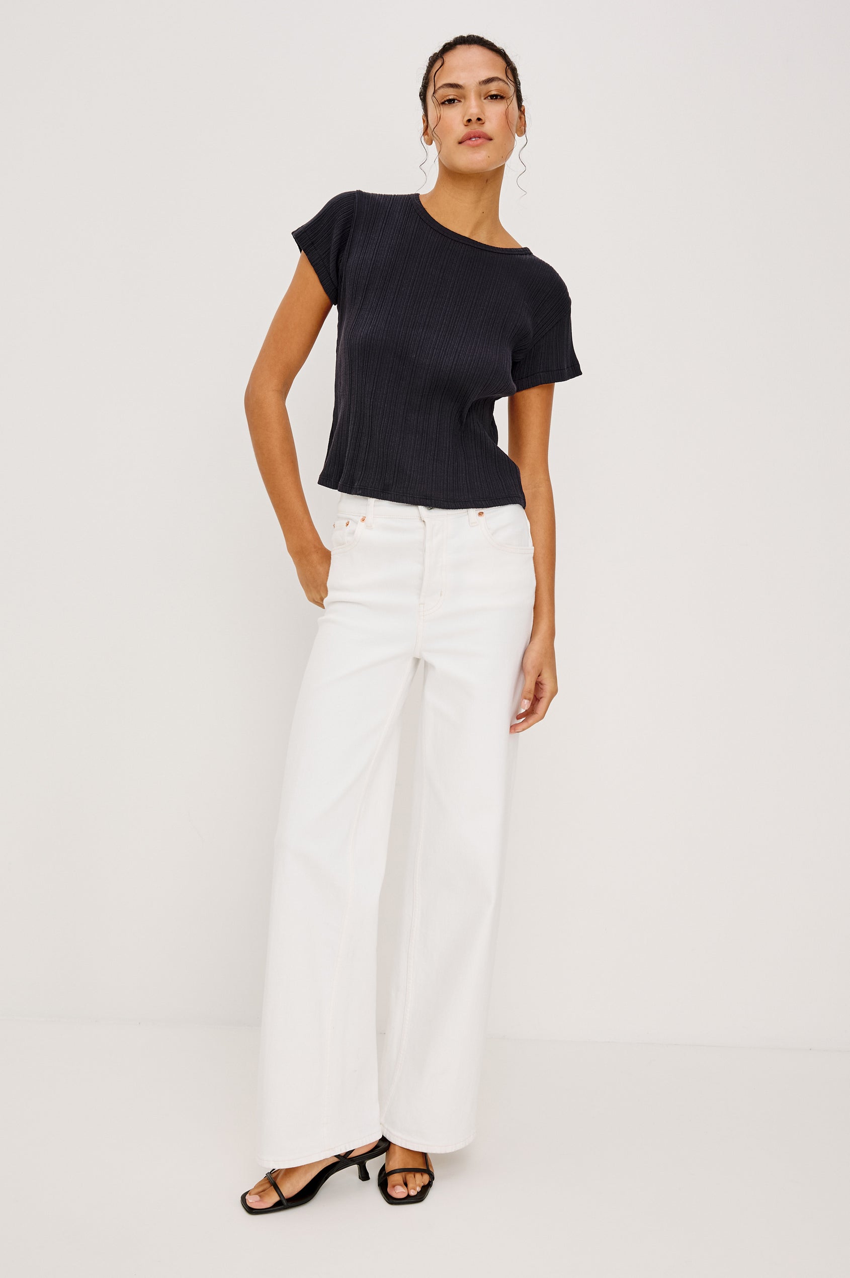 Getty Petite Wide Leg Jean in Light Stretch Denim With High Rise, 5-Pockets, and Button Fly in Vintage Ecru - Full Body Front View Featured on Model