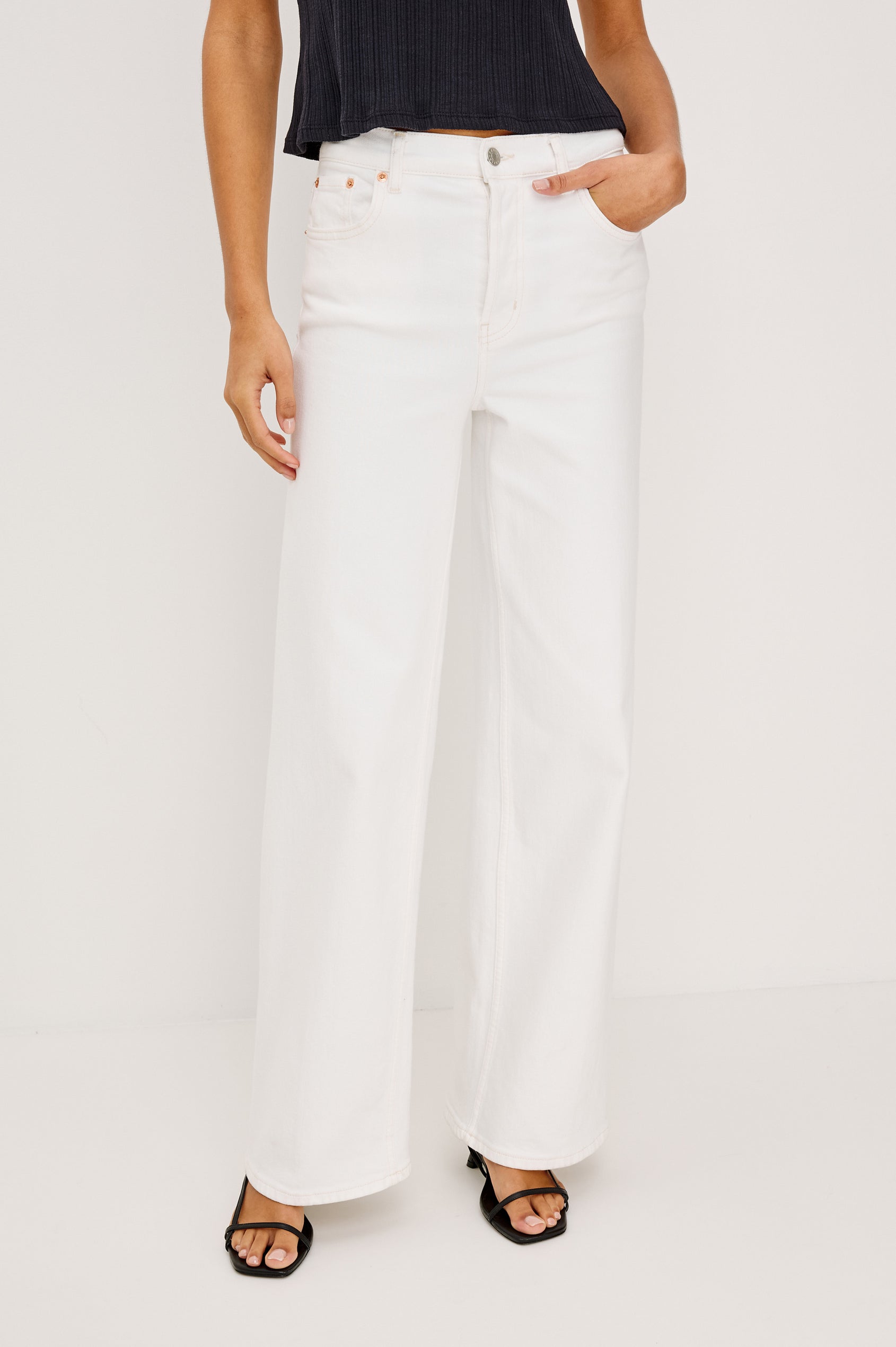 Getty Petite Wide Leg Jean in Light Stretch Denim With High Rise, 5-Pockets, and Button Fly in Vintage Ecru - Lower Body Front View Featured on Model
