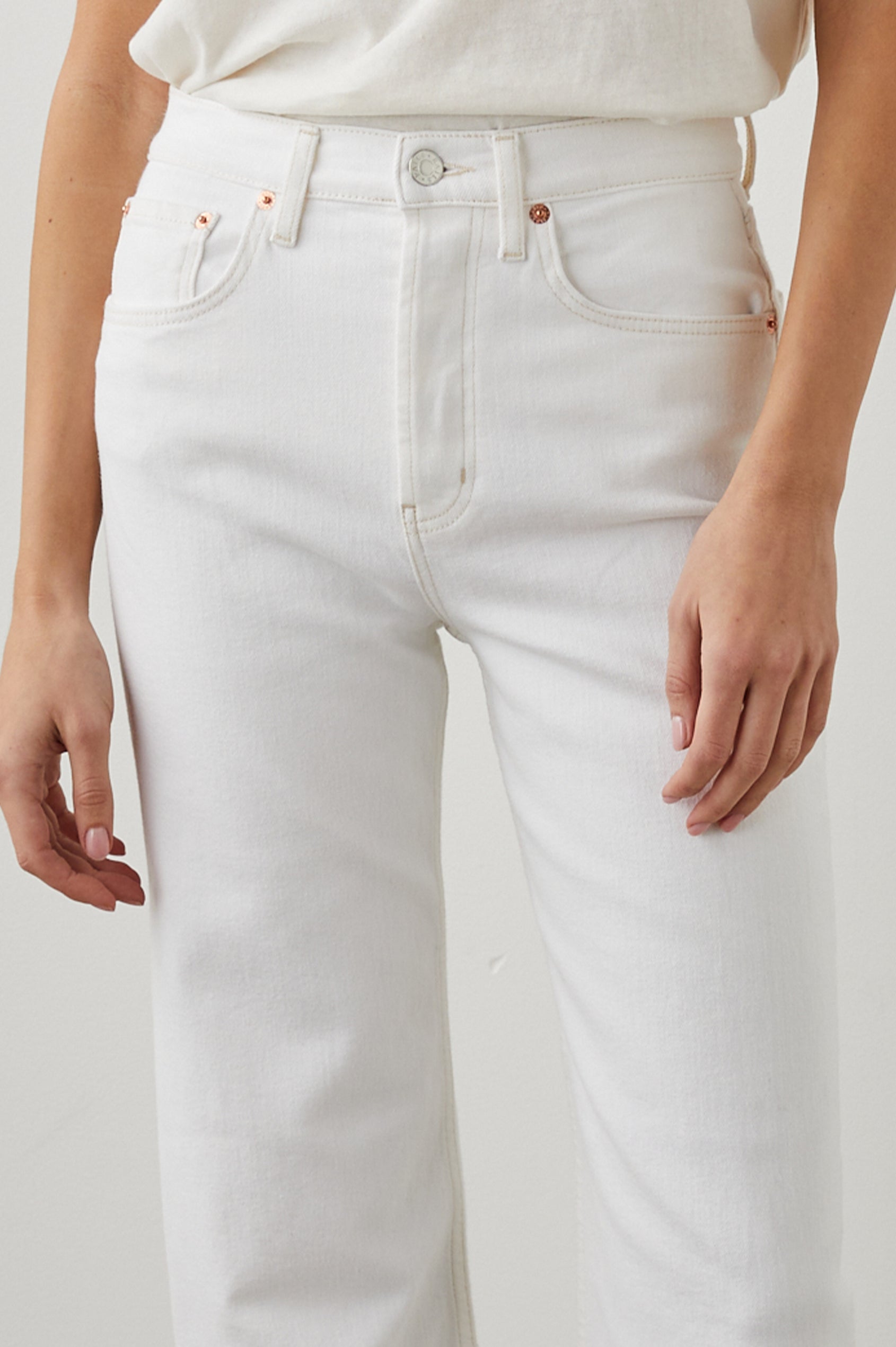 Getty Wide Leg Denim Pants with Belt Loops, Two Front Pockets and Two Back Patch Pockets in Vintage Ecru Colorway - Front View Featured on Model