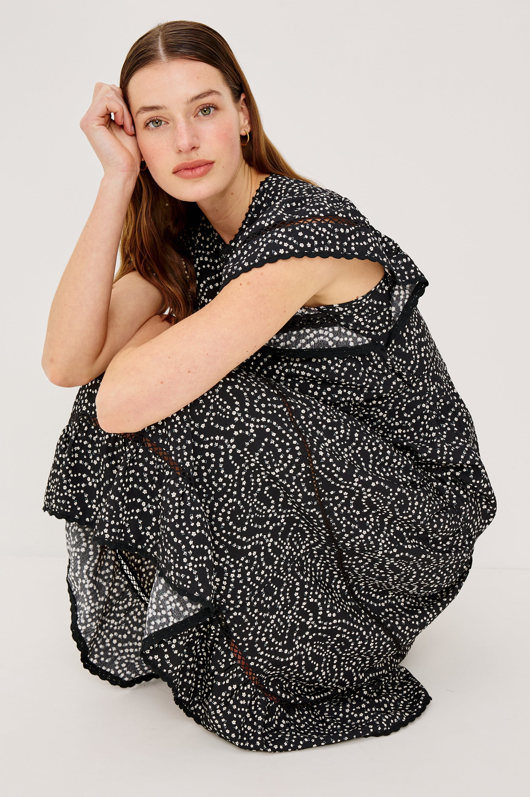 Gia Midi Dress in Crinkle Poplin With Adjustable Waist Ties Split V-Neck Collar Wide Short Sleeves Ladder and Crochet Trim Detailing and Relaxed FIt in Mini Chain Daisies Colorway - Full Body Front View Featured on Model