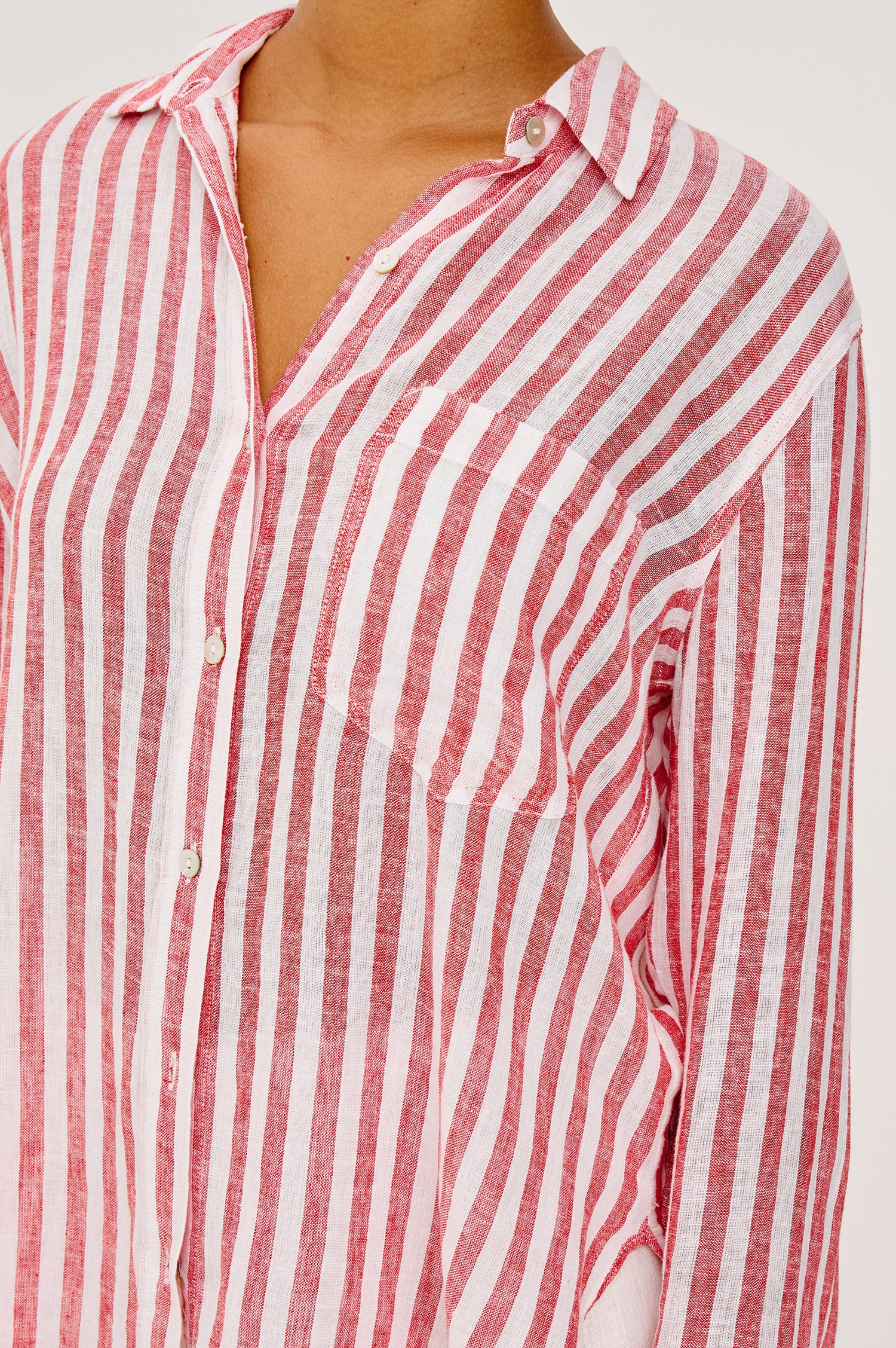 Giada Shirt in Linen Blend With Relaxed Fit, Collar, Front Buttons, and Long Sleeves in Ravello Stripe Colorway - Upper Body Front View Featured on Model