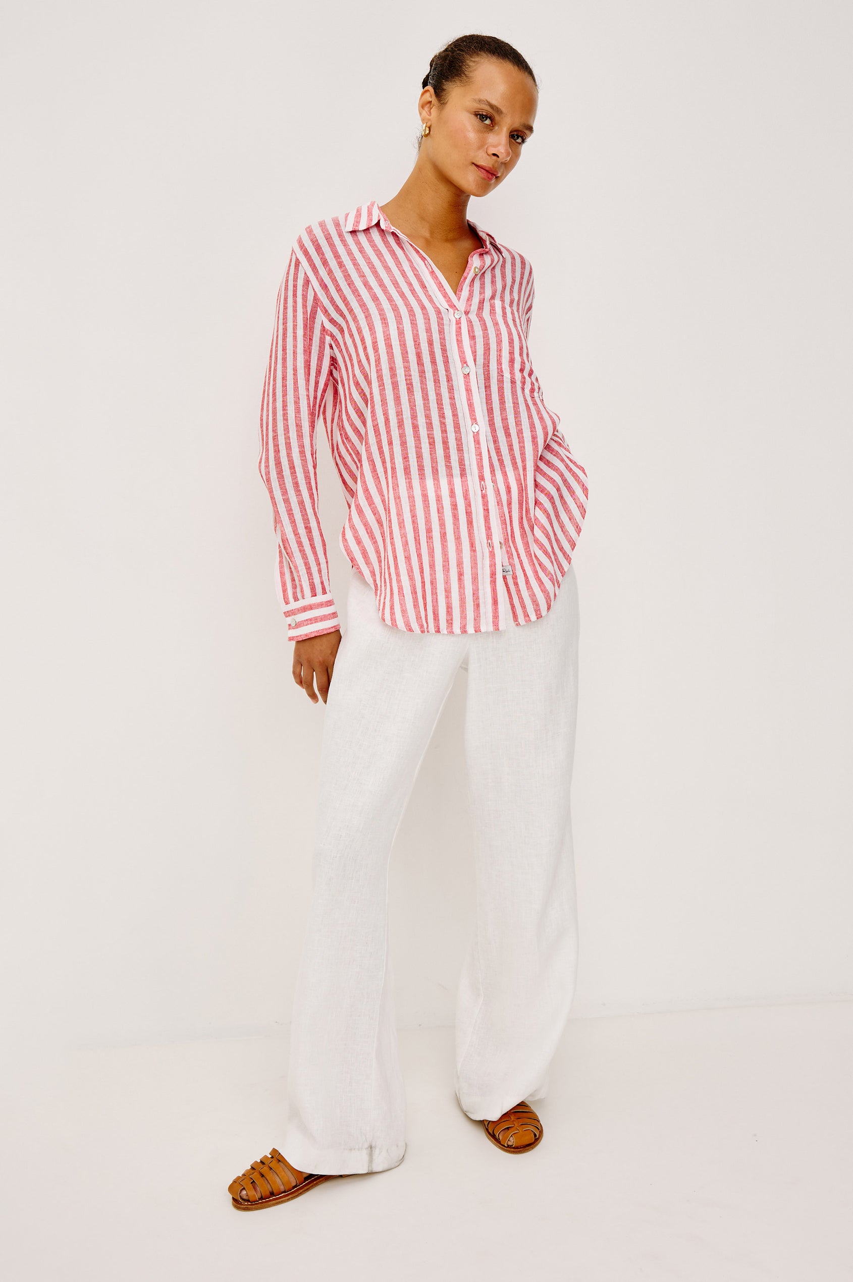 Giada Shirt in Linen Blend With Relaxed Fit, Collar, Front Buttons, and Long Sleeves in Ravello Stripe Colorway - Full Body Front View Featured on Model