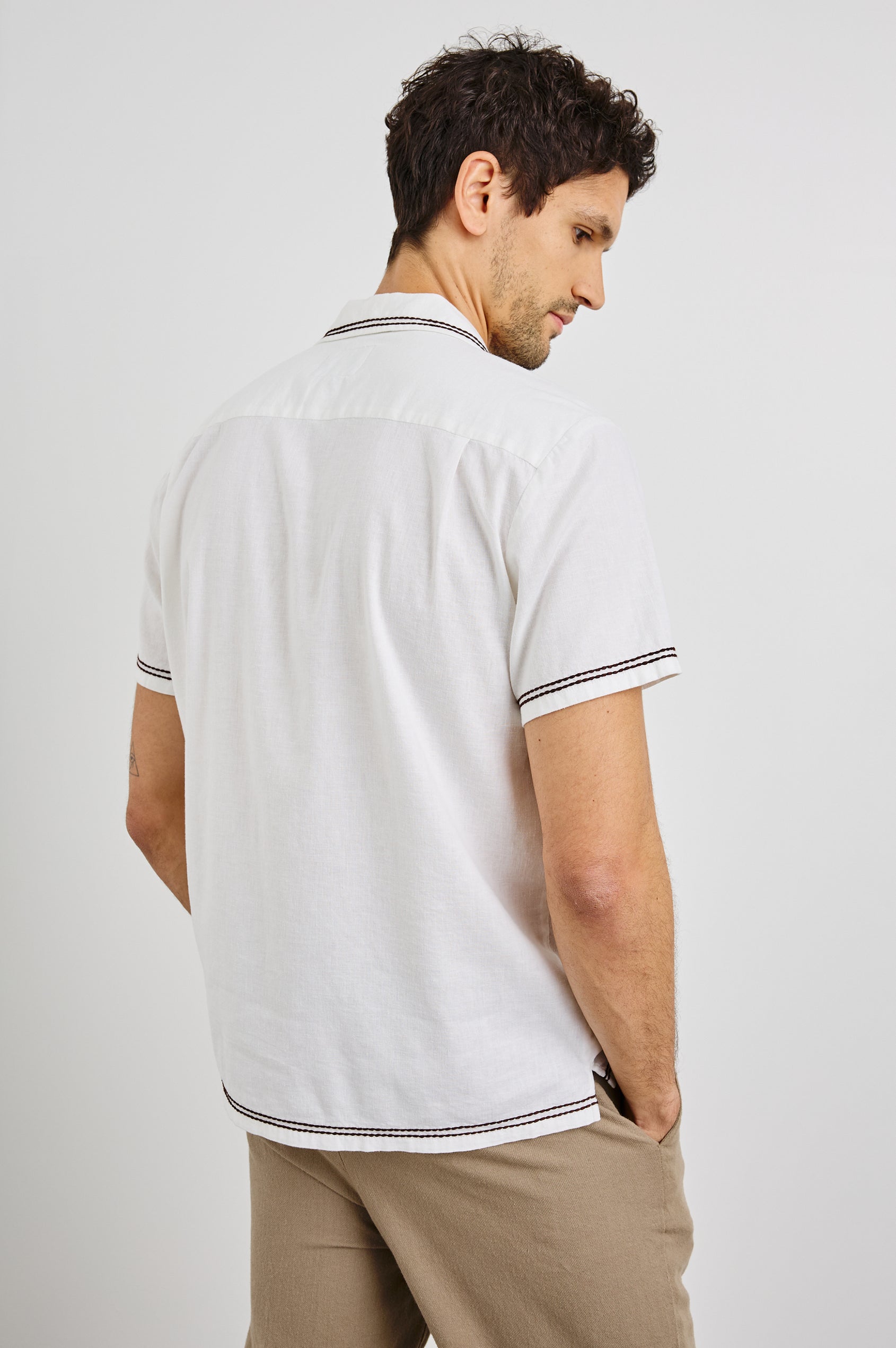 Gibson Collared Button Front Shirt with Short Sleeves, embroidered detail and Contrast Brown Stitching in White Brown Palm Colorway. Back View Shown on Model.