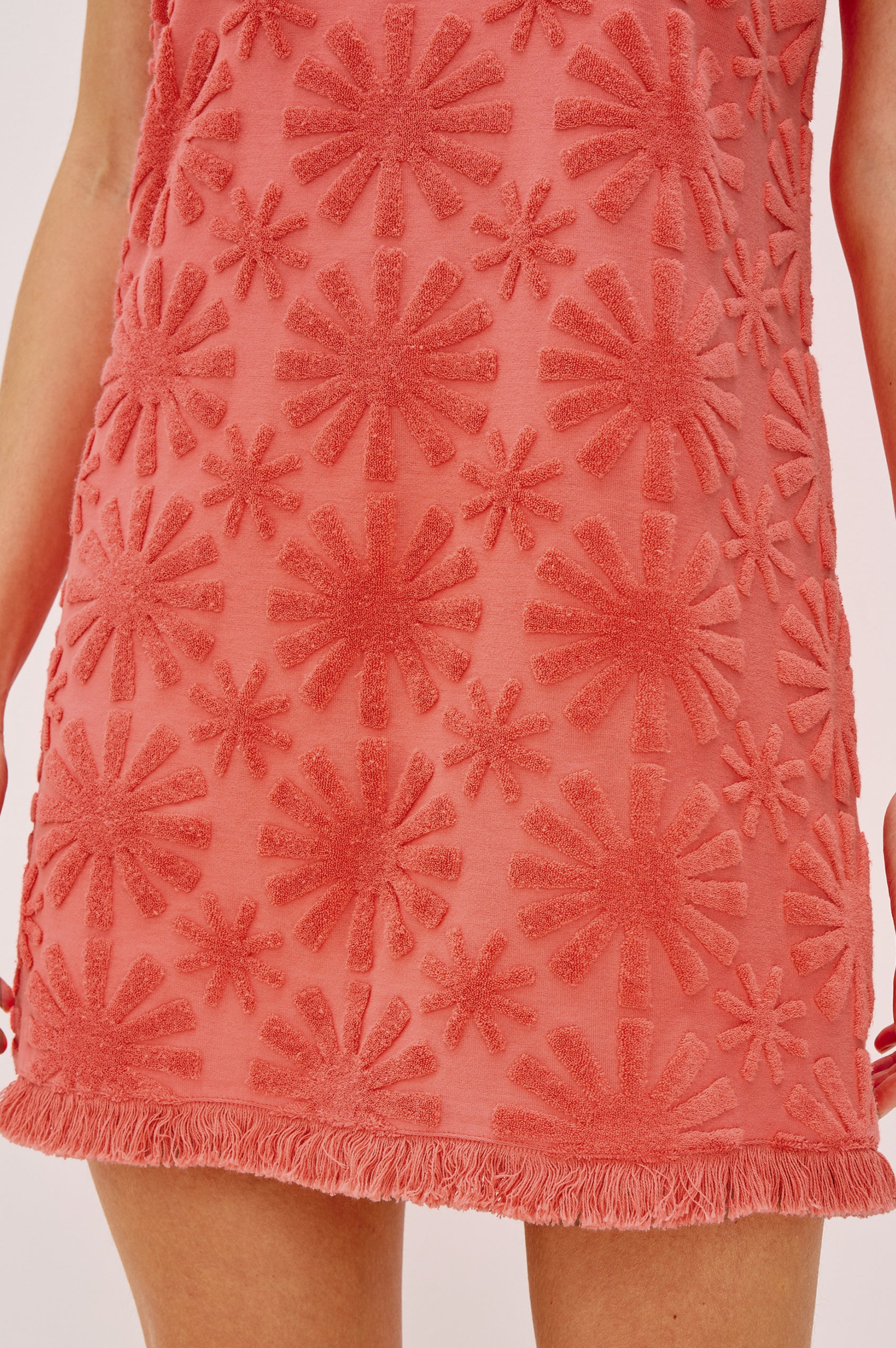 Ginger Mini Tank Dress with Fringed Hem and a Low Scoop Back in Red Sunburst Jacquard. Front Detail View Shown on Model.