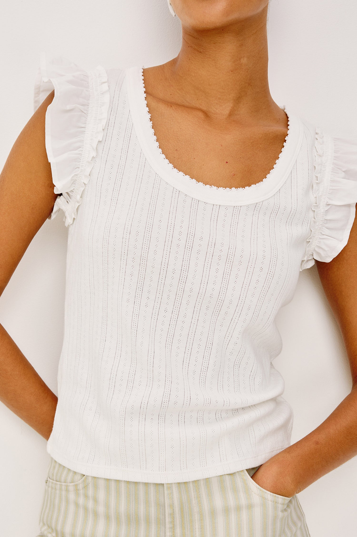 Giovanna Top in Pointelle With Scoop Neckline and Flutter Sleeves in White Colorway - Upper Body Front View Featured on Model