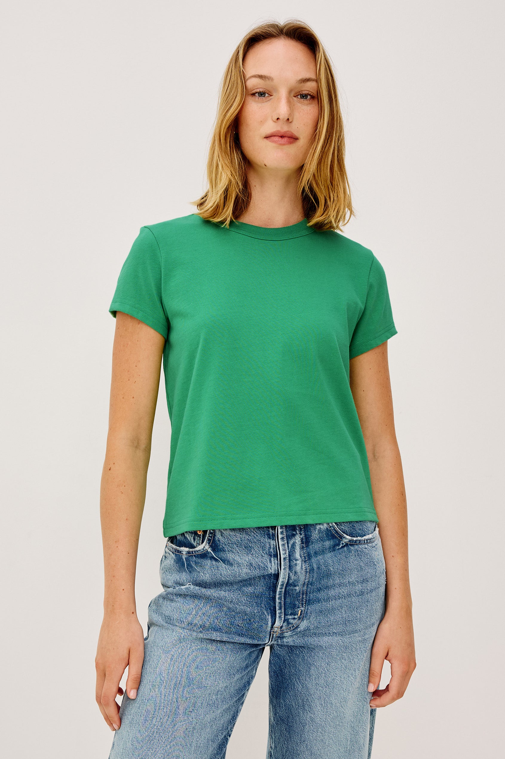 Girlfriend T-Shirt in 100% Cotton With Slightly Boxy Cropped Fit, Crew Neckline, and Short Sleeves in Clover Colorway - Upper Body Front View Featured on Model
